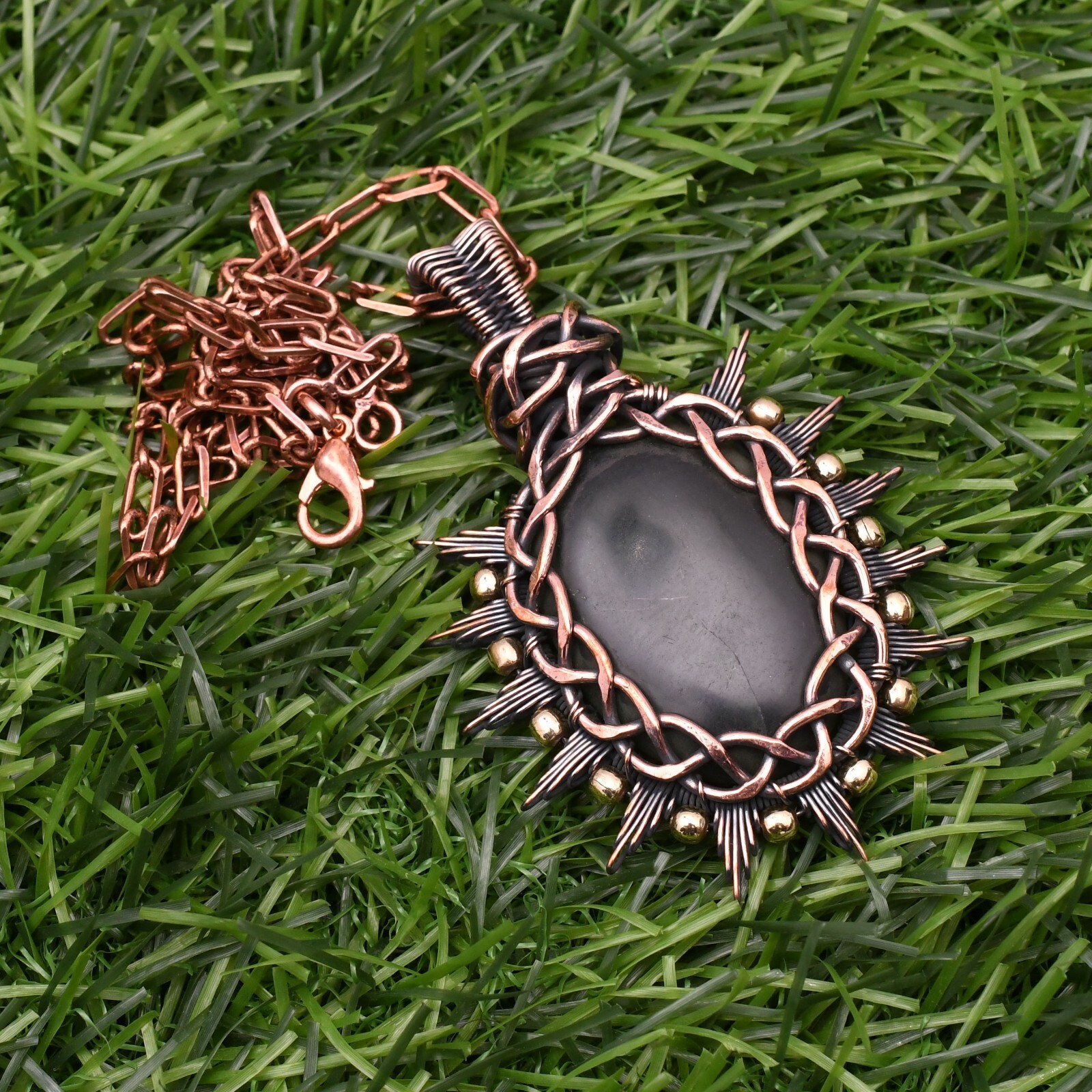Serpentine Gemstone Copper Wire Wrap Handmade Jewelry Pendant 2.28″