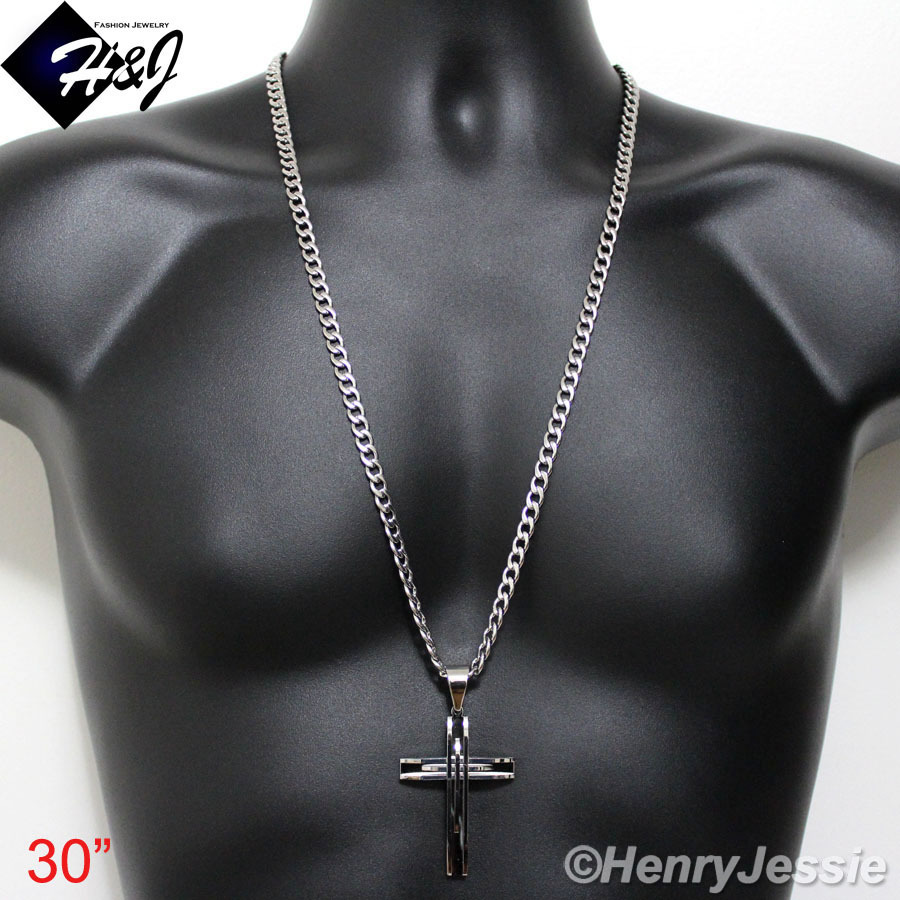 18-40″MEN’s Stainless Steel 6mm Silver Cuban Curb Chain Necklace Cross Pendant*A