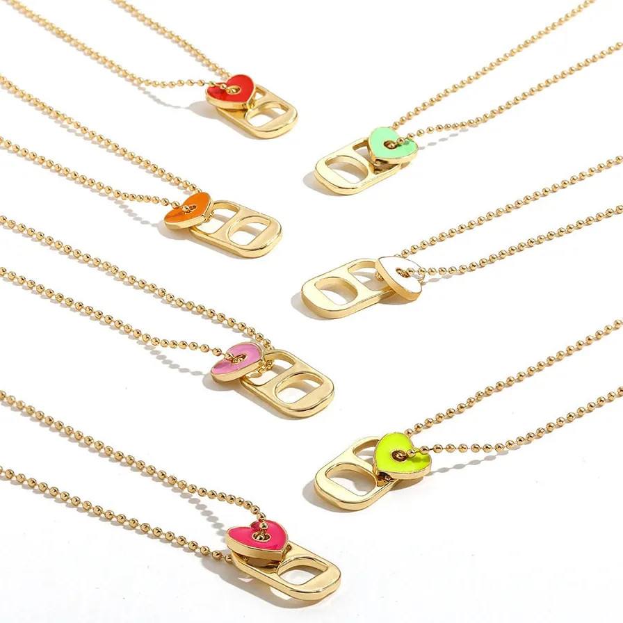 Love Heart Enamel Pendant Necklace for Women Gold Beaded Chain Jewelry