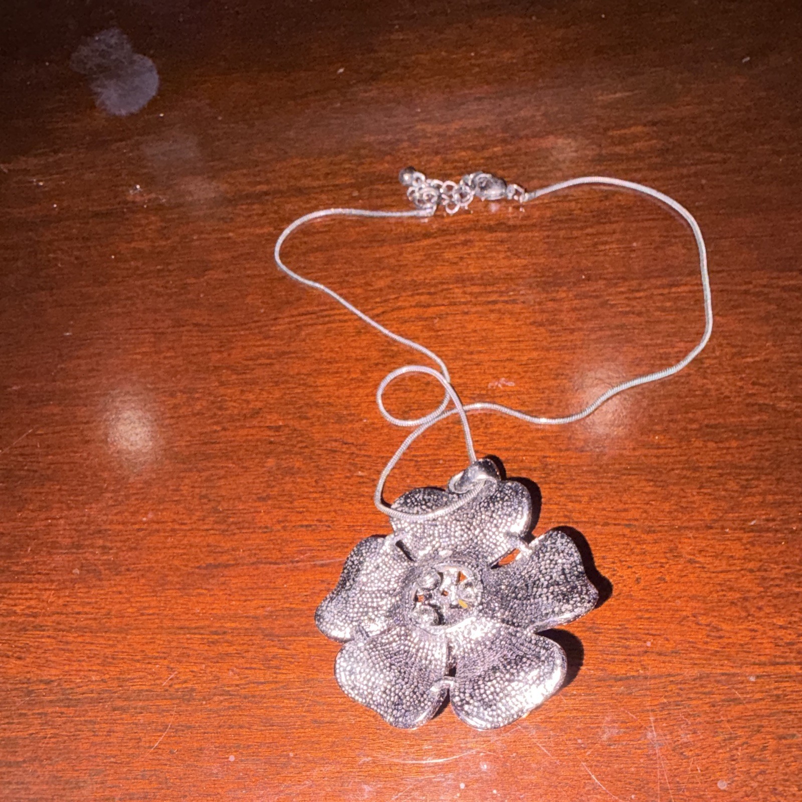 Silver Tone Snake Chain Necklace with Orange Flower Charm, Clear Crystal, Prong