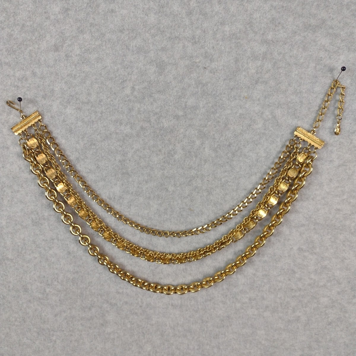 Gold Tone Hoop Closure Four Layer Chain Necklace Various Ornate Chain Styles