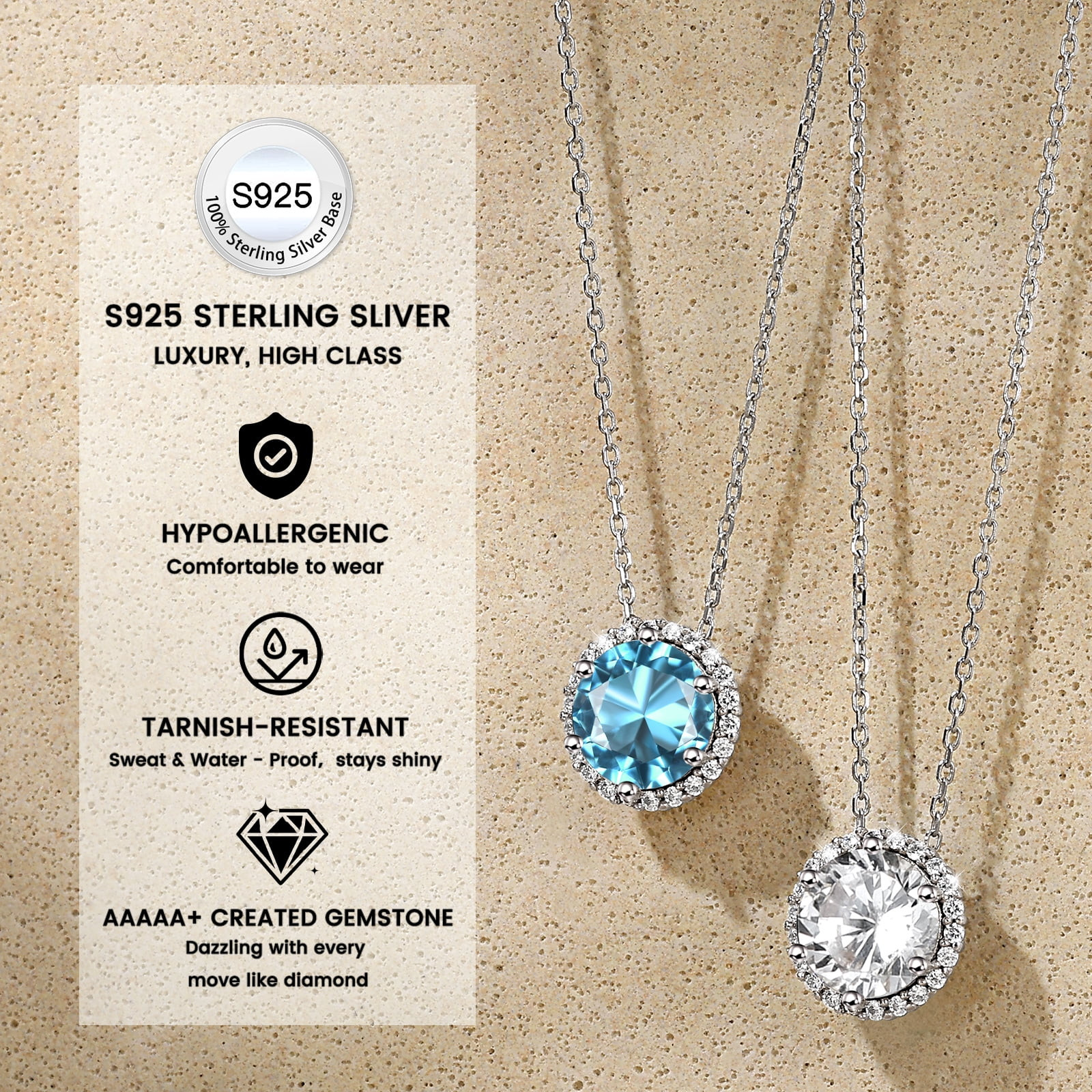 Birthstone Necklace for Women Pure 925 Sterling Silver Necklaces March round Blu