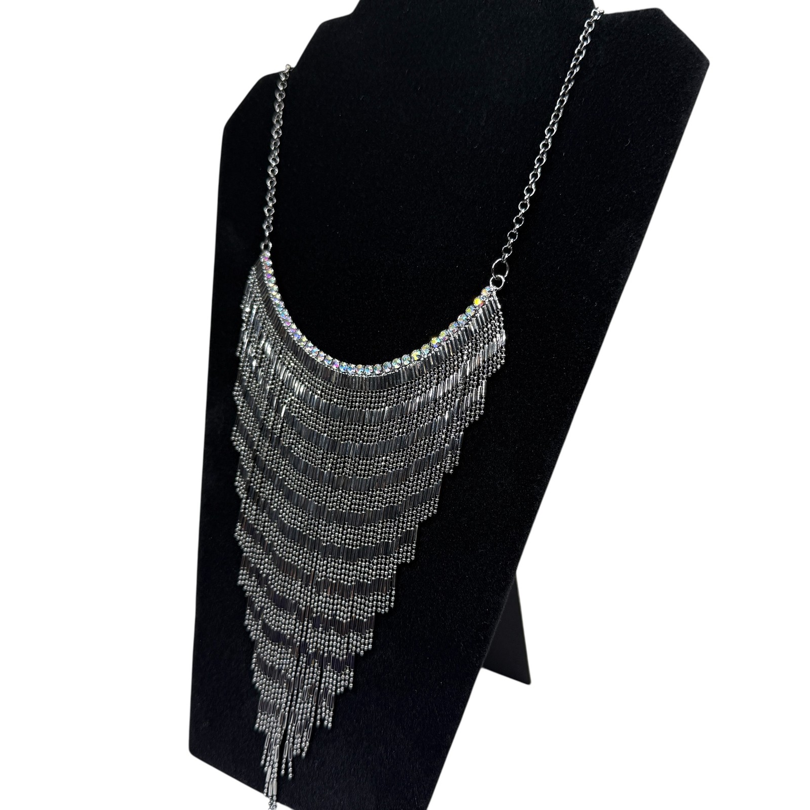 Antque Silver Tone Fringe Bib Statement Necklace Iridescent Crystal Accents