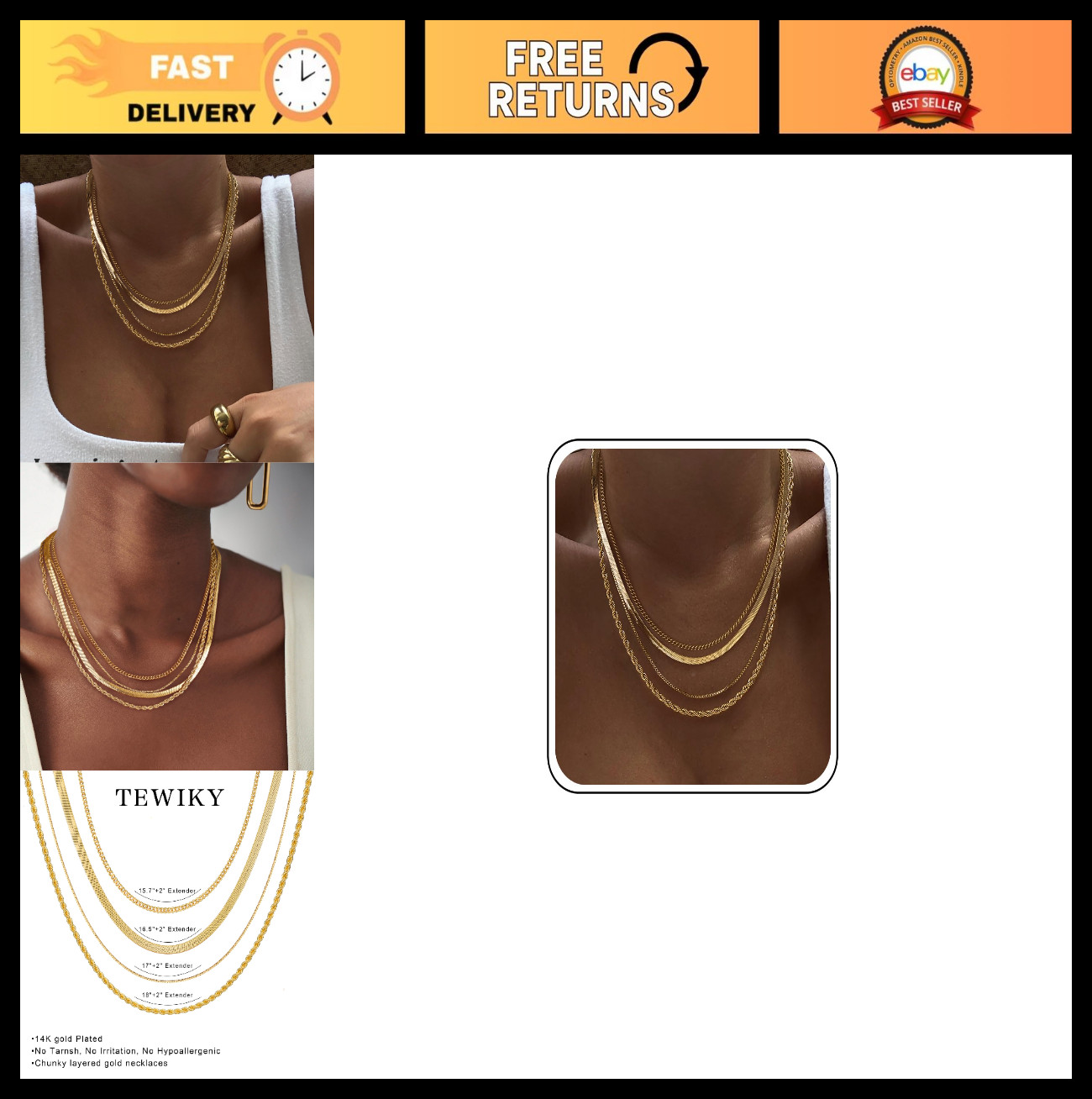 Layered Necklaces for Women – Chunky Gold Plated Herringbone/Snake/Rope Chains,
