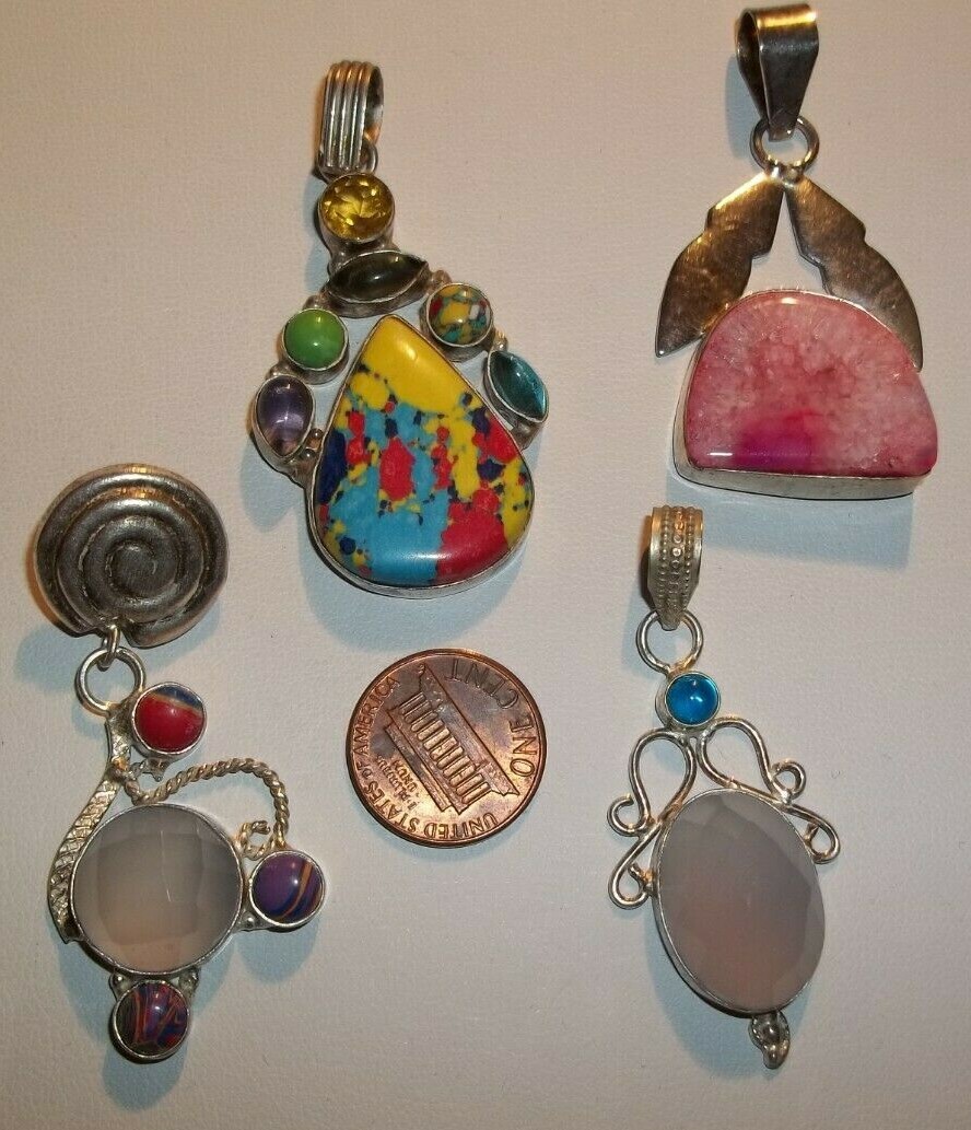 Colorful Lot of 4 Big Fun Pendants for Necklace 925 Sterling & Various Gemstones