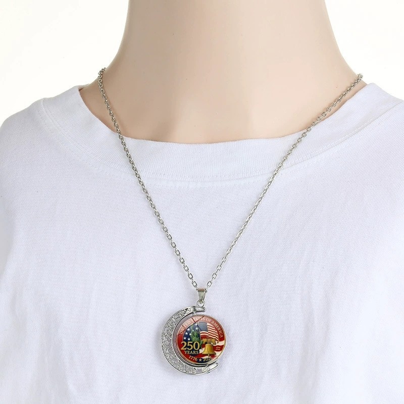 American 250th Anniversary Double-Sided Rotating Moon Alloy Necklace