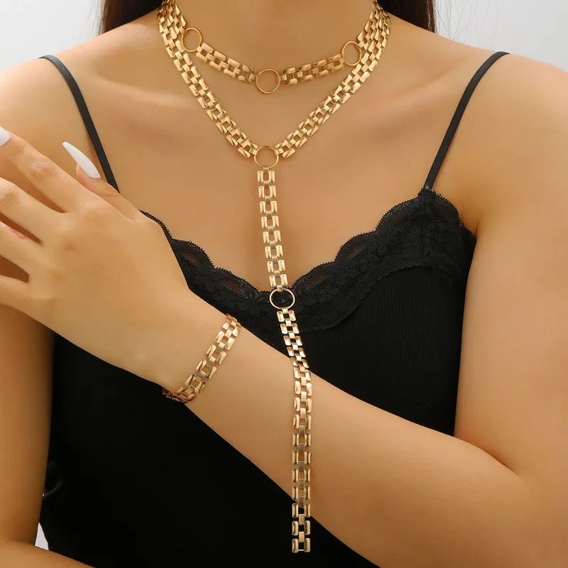 Gold Tone Double Layer Bar Link Lariat Chain Necklace Adjustable
