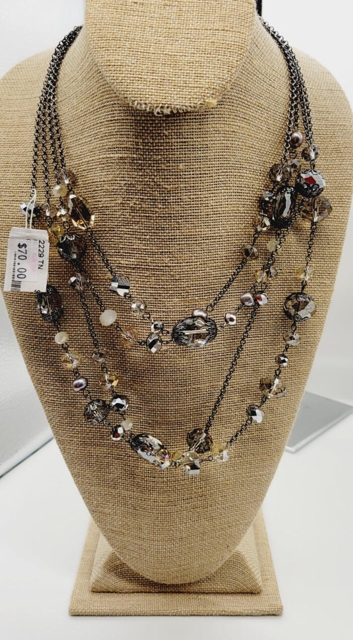 Black & Grey Beaded Multi Chain Layered NECKLACE Rocker 21″