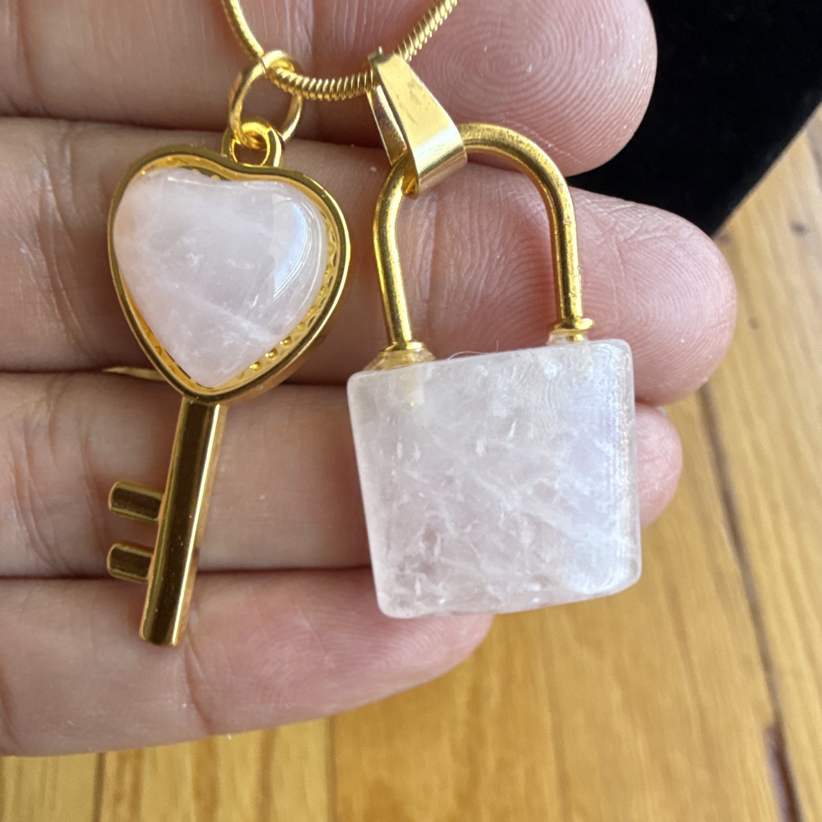 Gold Tone Snake Chain Necklace Rose Quartz Heart Key Padlock Charms