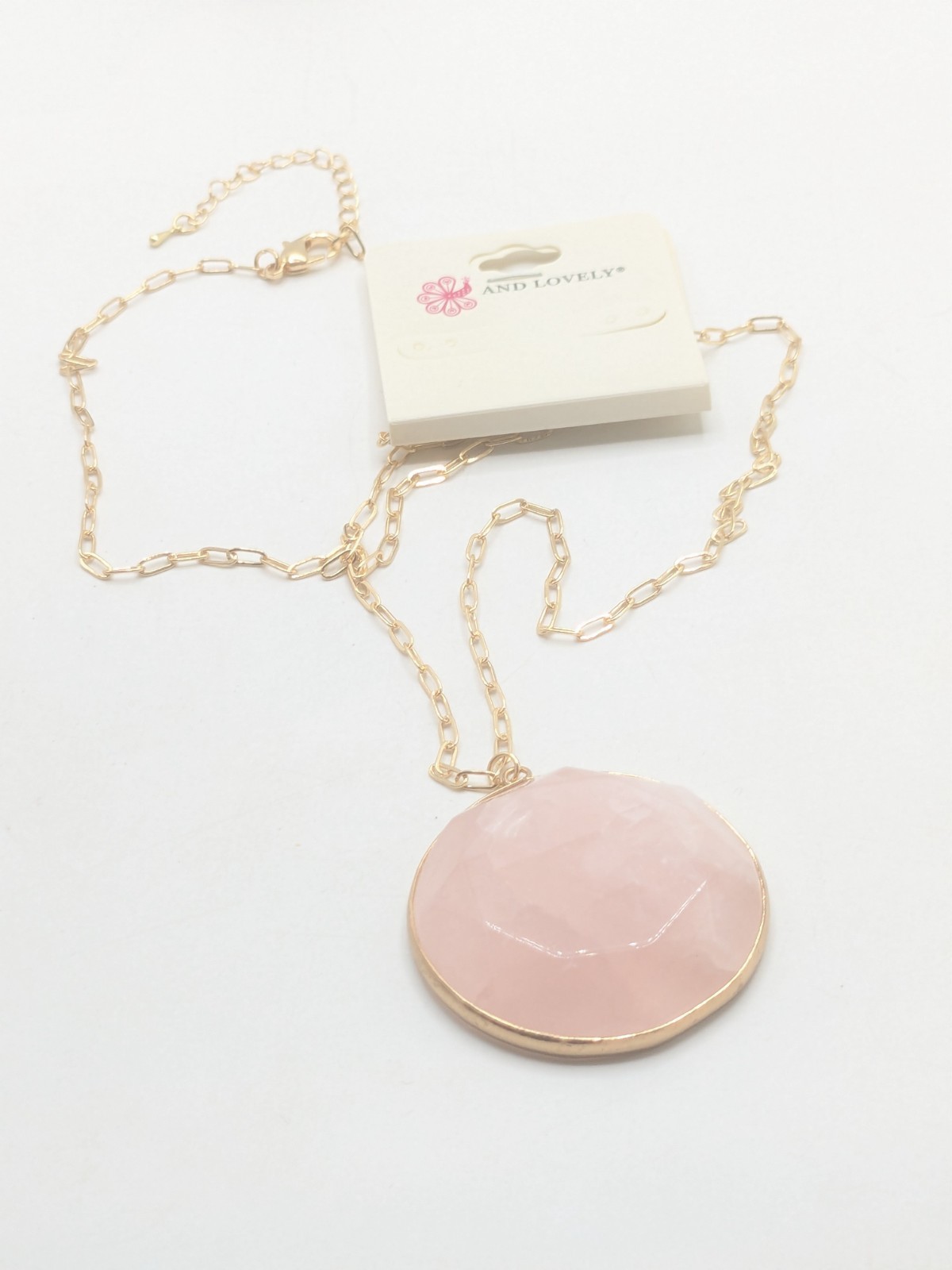 And Lovely Gold Tone Chain with Rose Quartz Pendant Necklace NWT