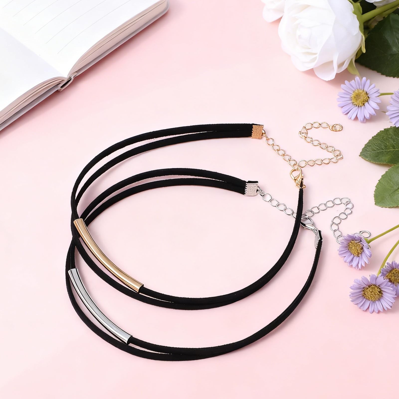 Xosjska 2 PCS Velvet Choker Necklace, Double Layer Medium, black,gold,silver