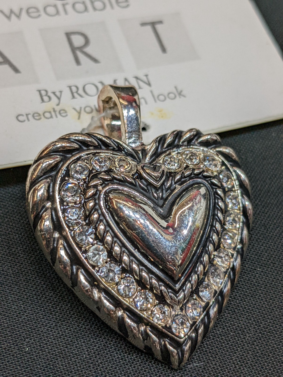 Wearable Art By Roman Silver Tone Rhinestone Heart Pendant Enhancer Charm NWT