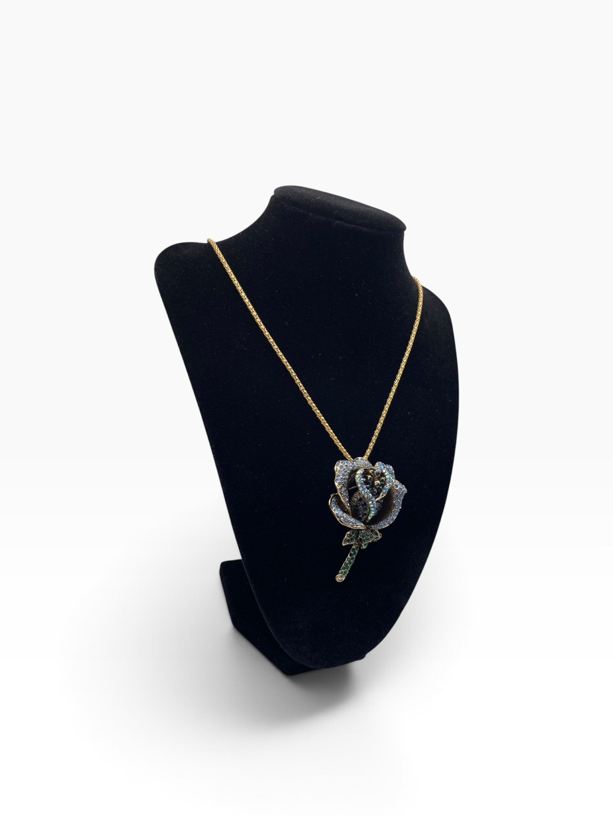 Betsey Johnson 3D Blue Rose Pendant Necklace Aurora Borealis Rhinestones
