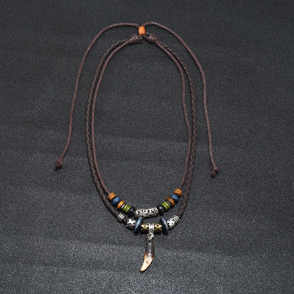 Men’s Fashion Jewelry Brown Leather Beaded Weave Rope Tooth Pendant Necklace 420