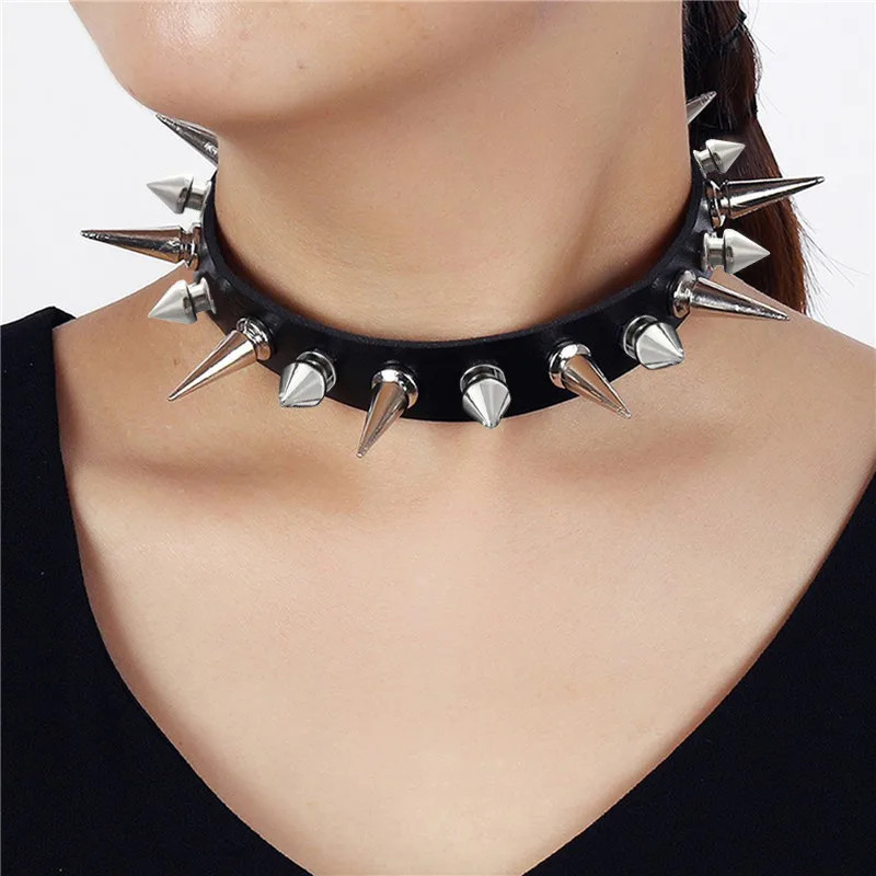 Punk Long Spike Choker Faux Leather Collar Women Men Cool Big Rivets Studded