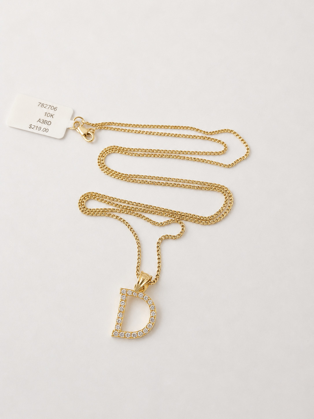 10K Gold Solid Franco Chain D Initial CZ Stone Pendant Set 1mm 16 18 20 22 Women