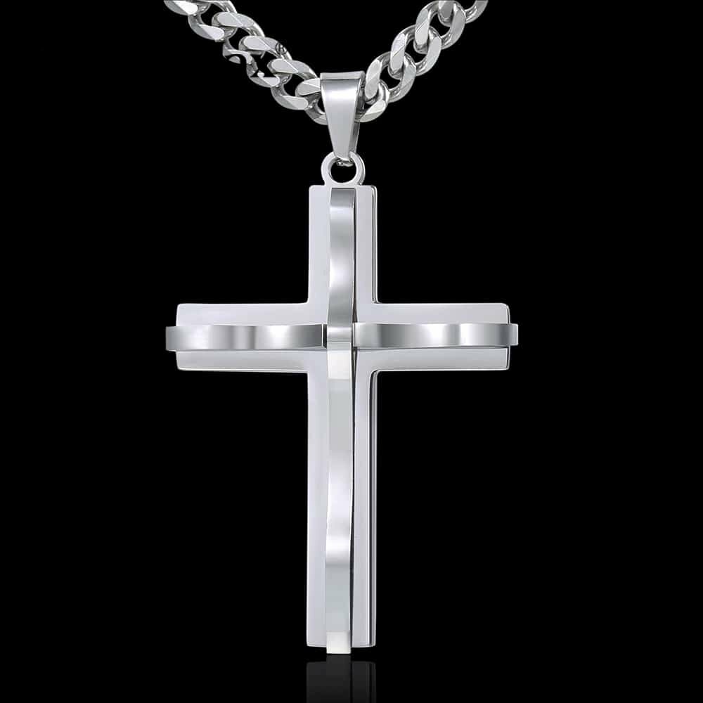 Silver Mens Cross Pendant Necklace 5mm 18-36” Stainless Steel Curb Cuban Chain