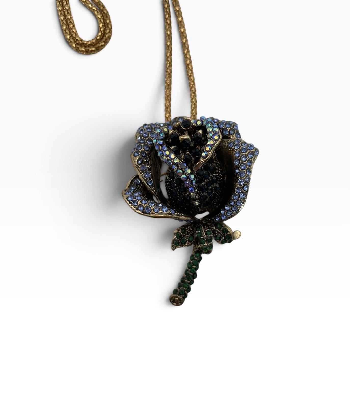 Betsey Johnson 3D Blue Rose Pendant Necklace Aurora Borealis Rhinestones