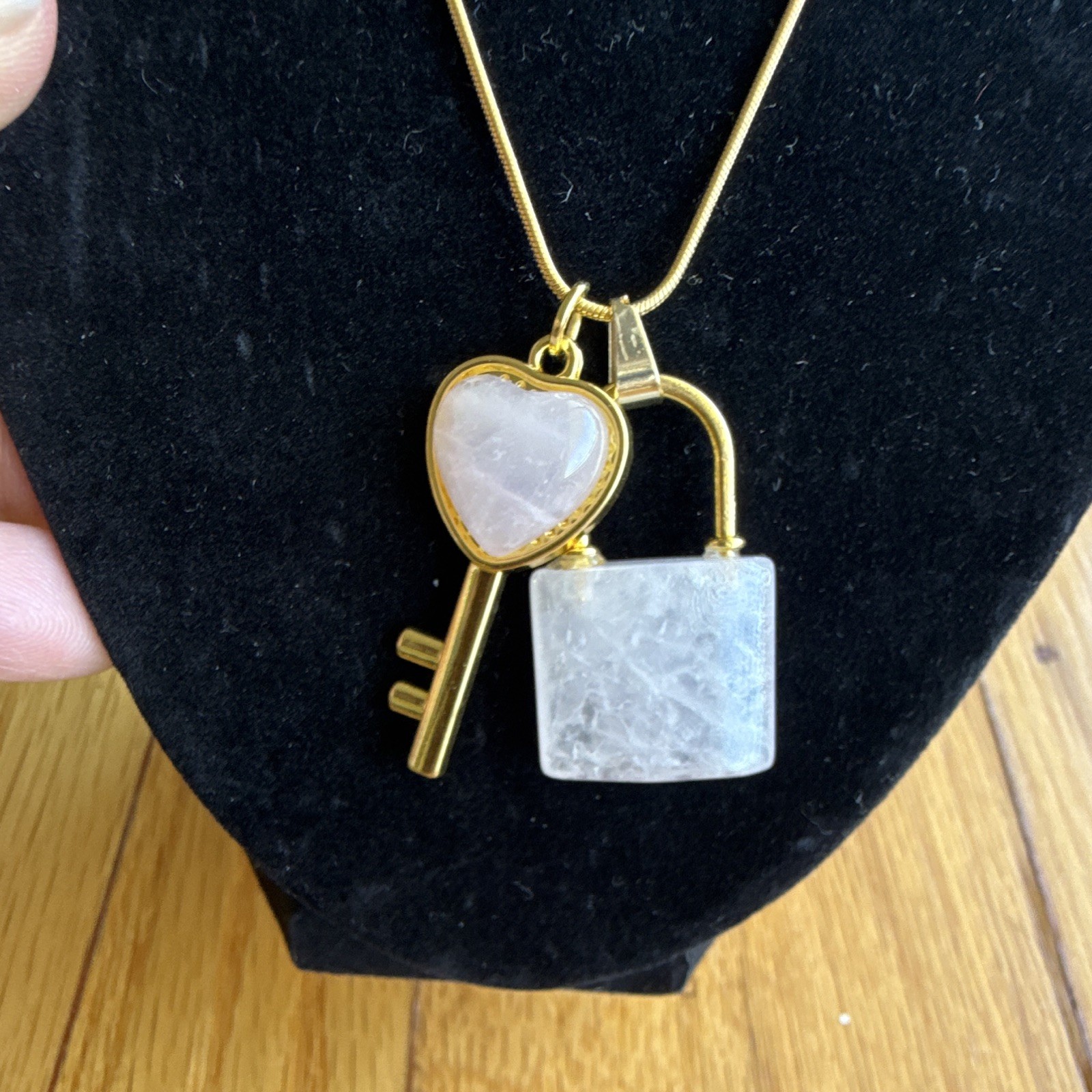 Gold Tone Snake Chain Necklace Rose Quartz Heart Key Padlock Charms