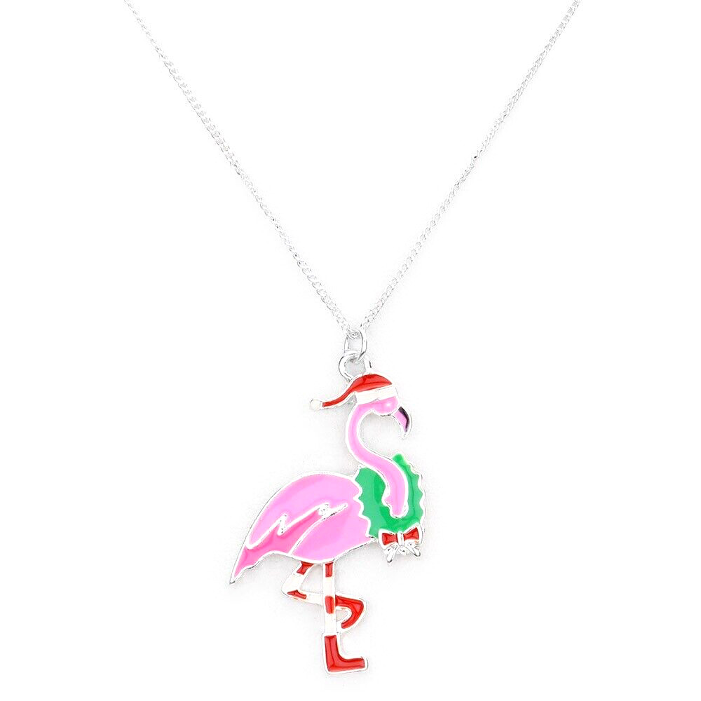 Holiday Flamingo Wreath And Hat Necklace Pendant Christmas Xmas