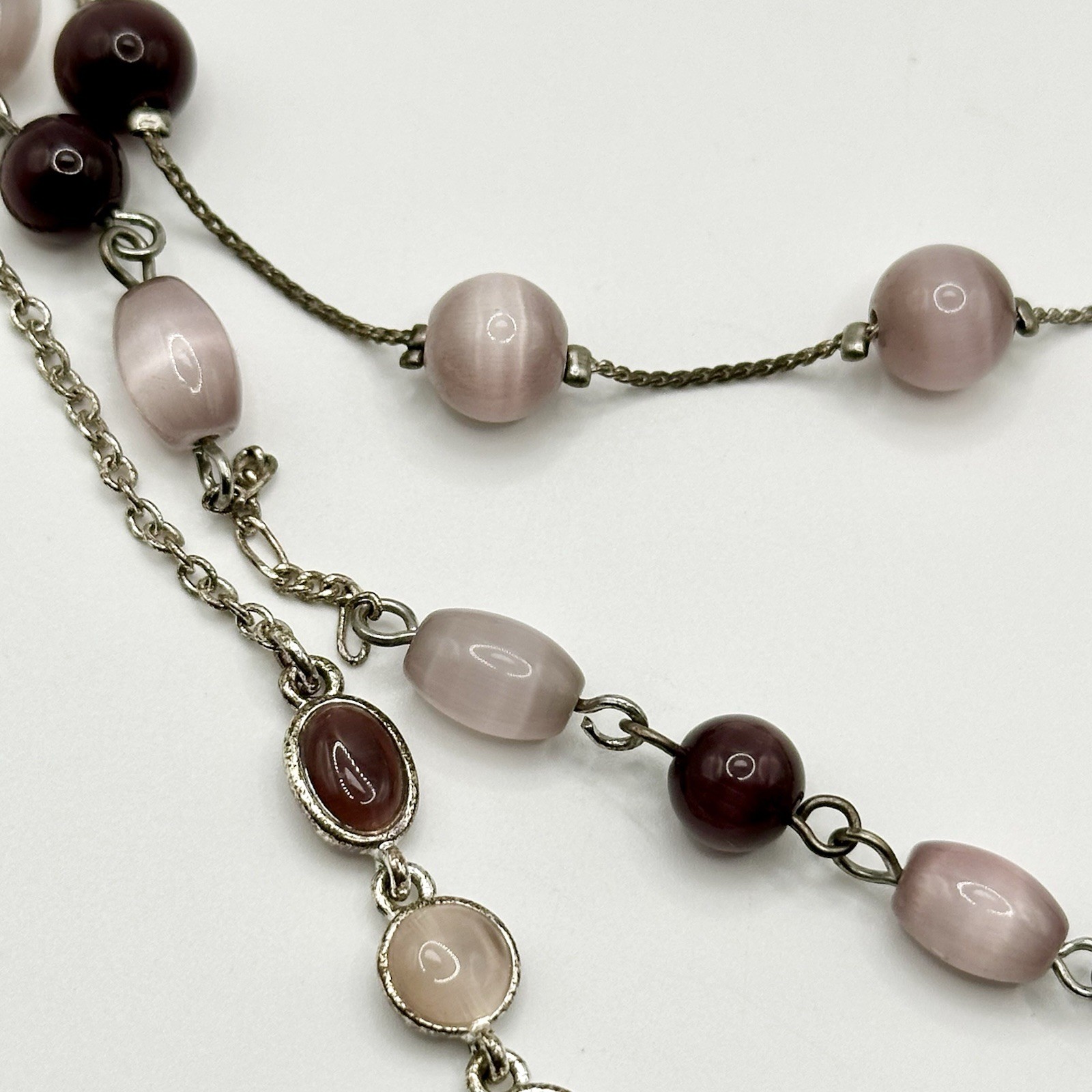 Purple Glass Cats Eye Necklace Silver Tone Layered Multi Strand 16-18”
