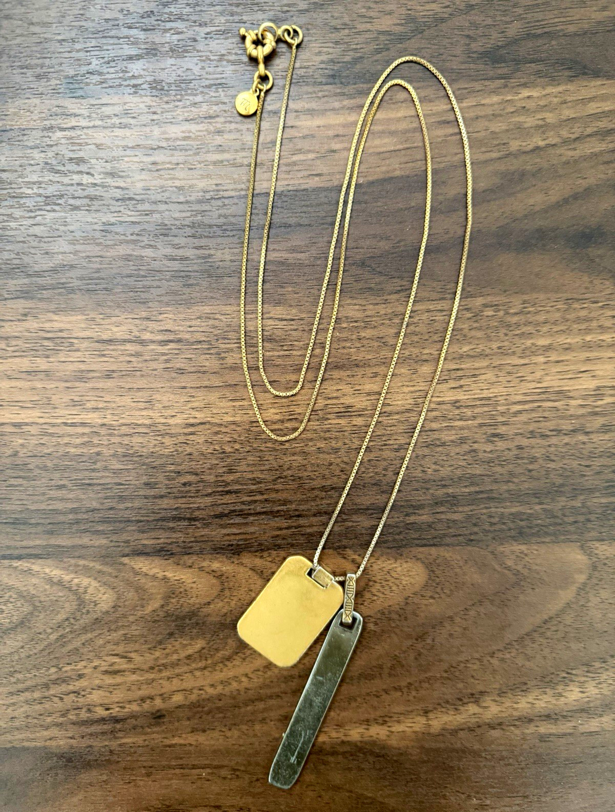 Madewell Dual Pendant Dog Tag Bar Necklace Long Gold Tone Box Chain Black Accent
