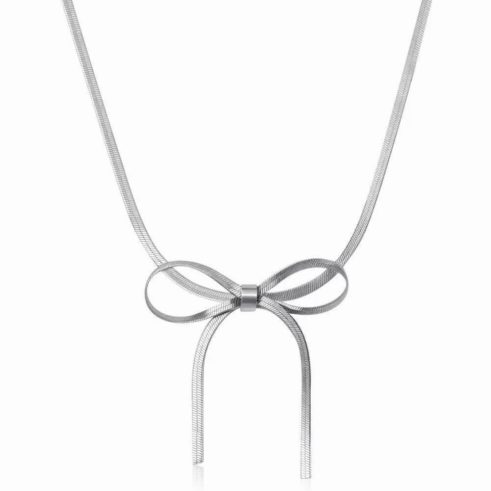 925 Silver Bow Necklace Snake Chain Choker Ribbon Pendant Necklace Coquette 054