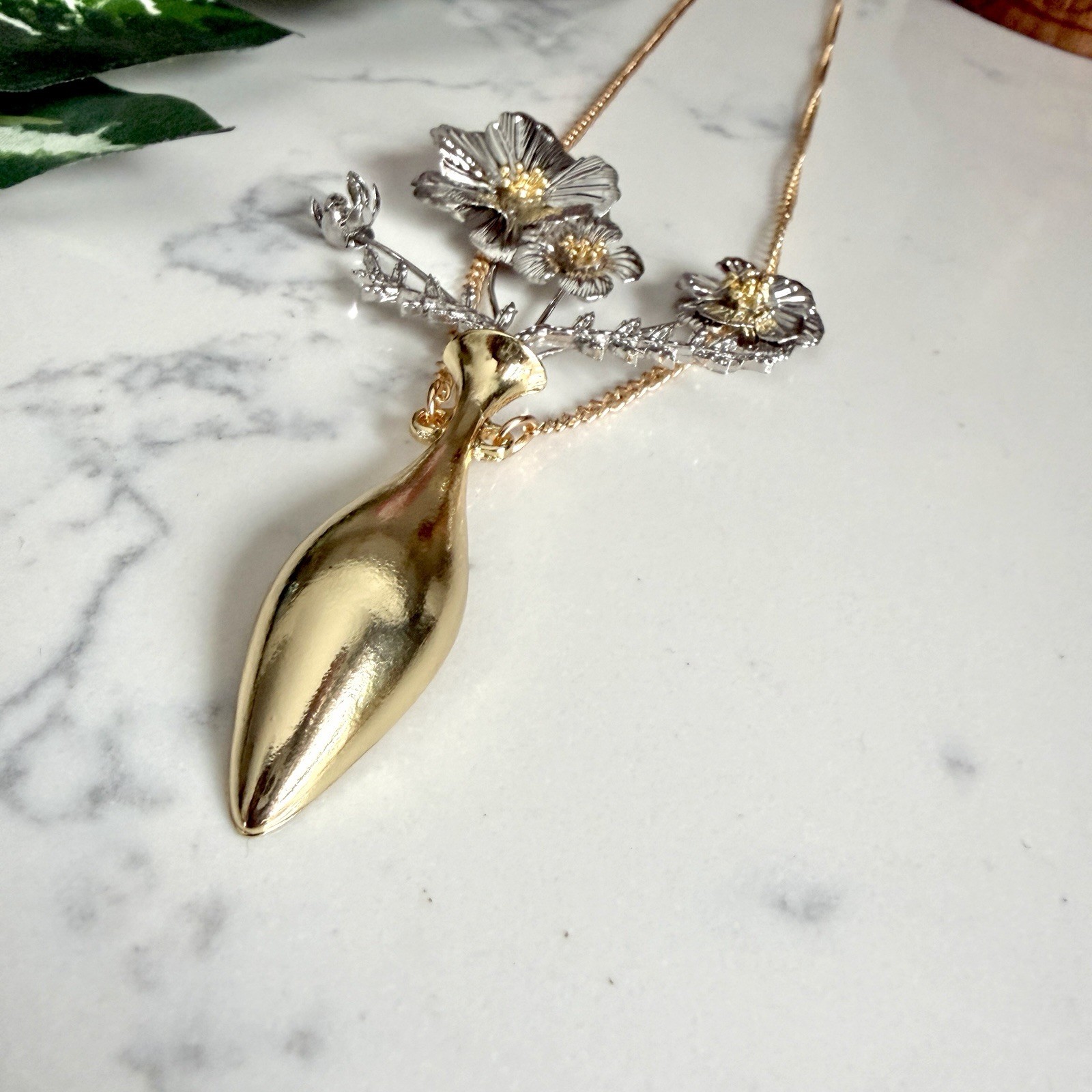 Flower Vase Gold & Silver Necklace Oversized Botanical Long Boho Jewelry NEW