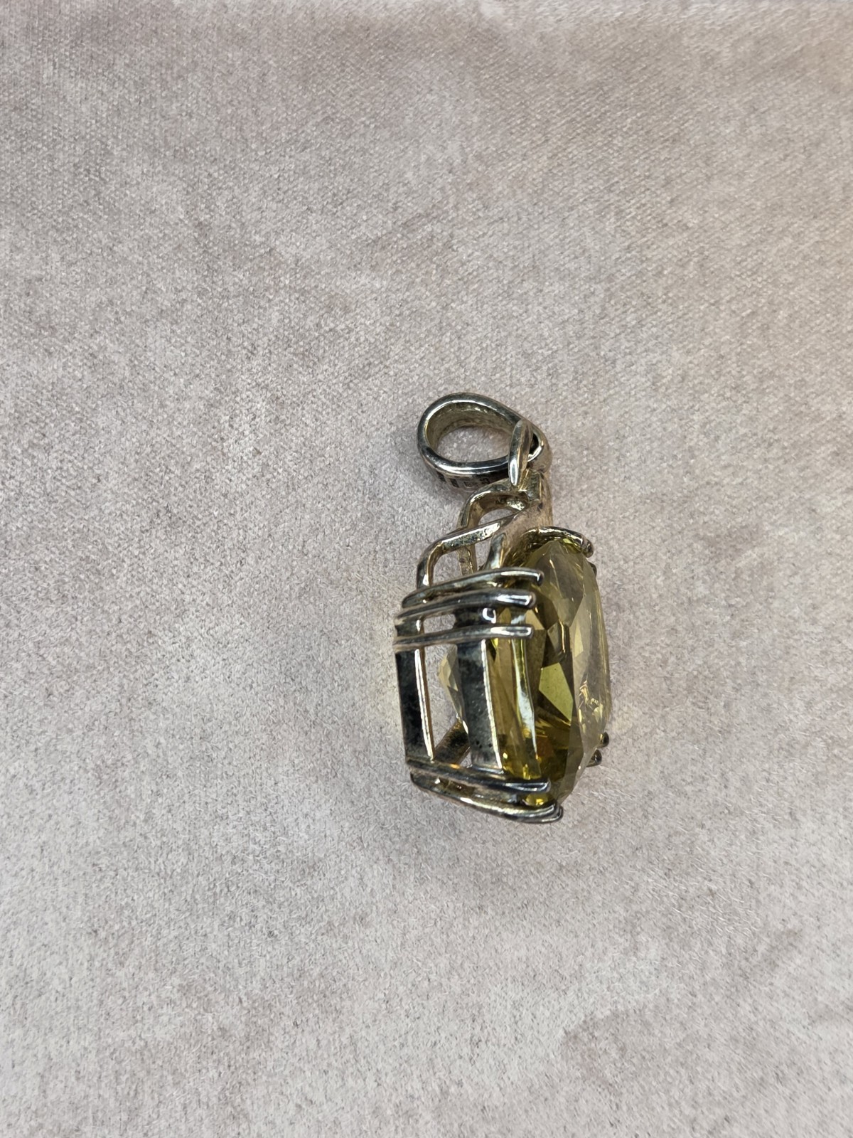 Silver Tone Square Pendant, Green Faceted Stone, Prong Setting