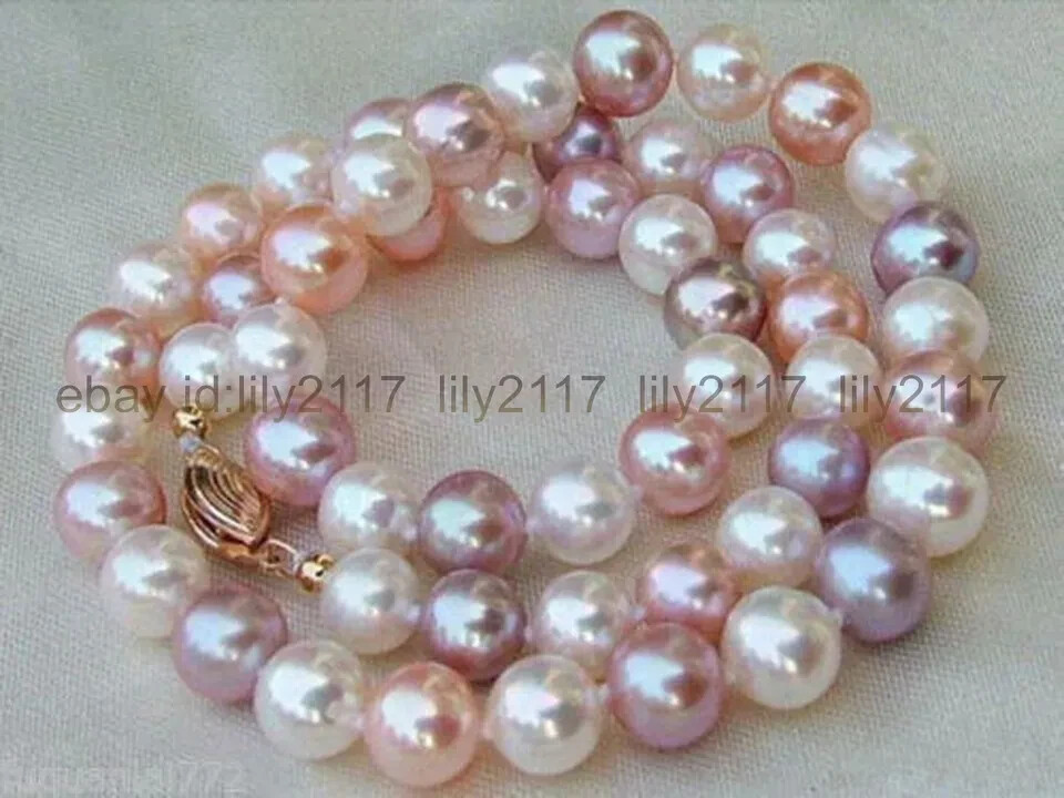 Fine 8-9mm white purple pink natural south sea Pearl necklace 18″ AA 14k Gold