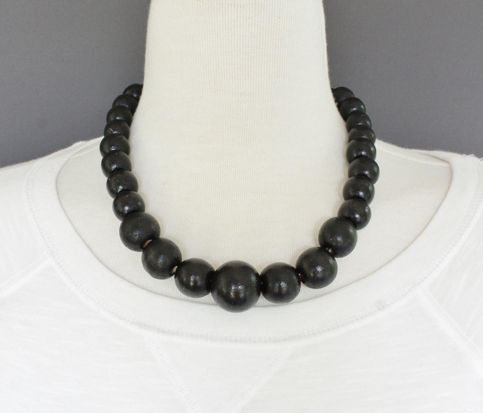 Black wood necklace bead big chunky bead 18-20″ long necklace beaded wooden