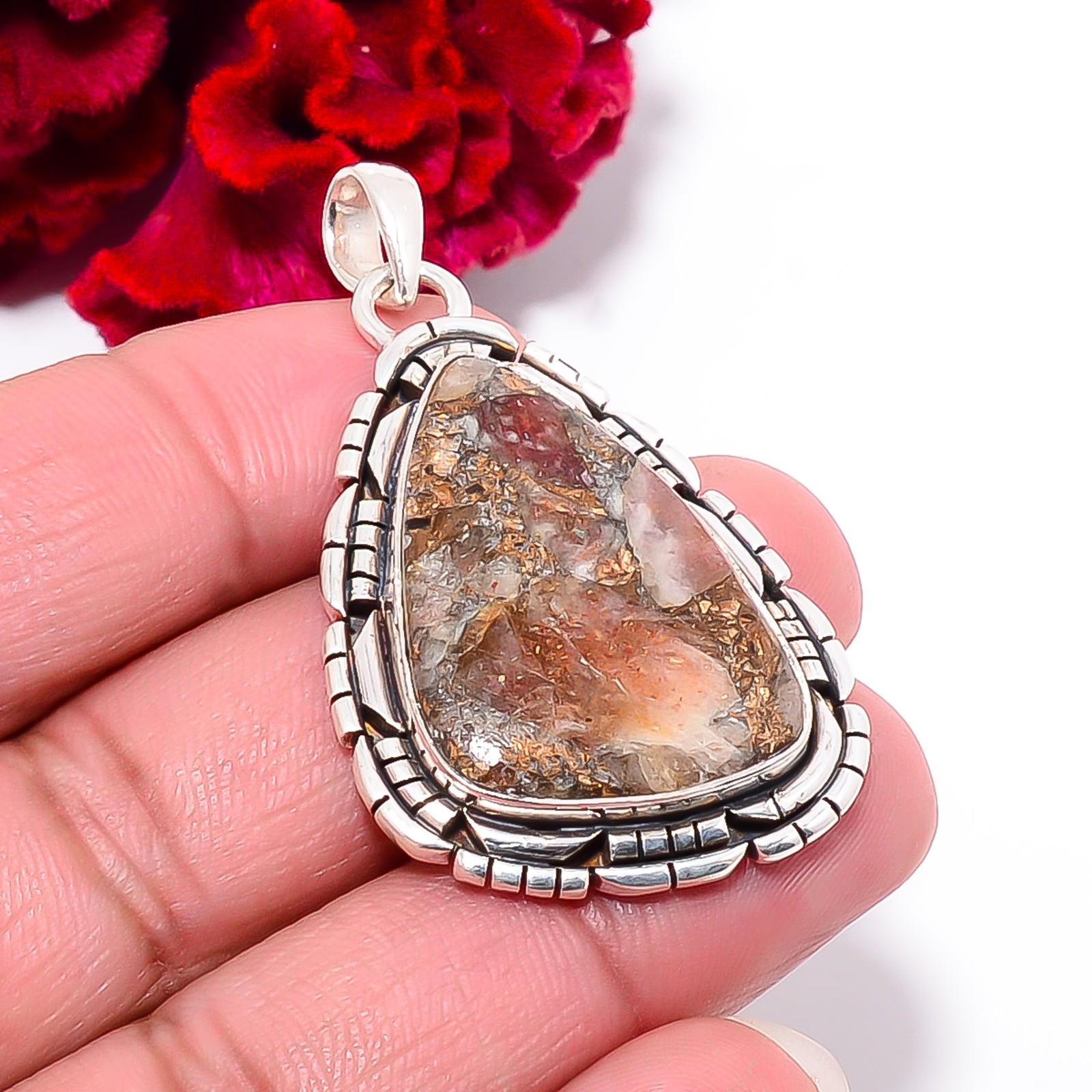 Copper Golden Sunstone – Madagascar 925 Sterling Silver Pendant 1.95″ P102172