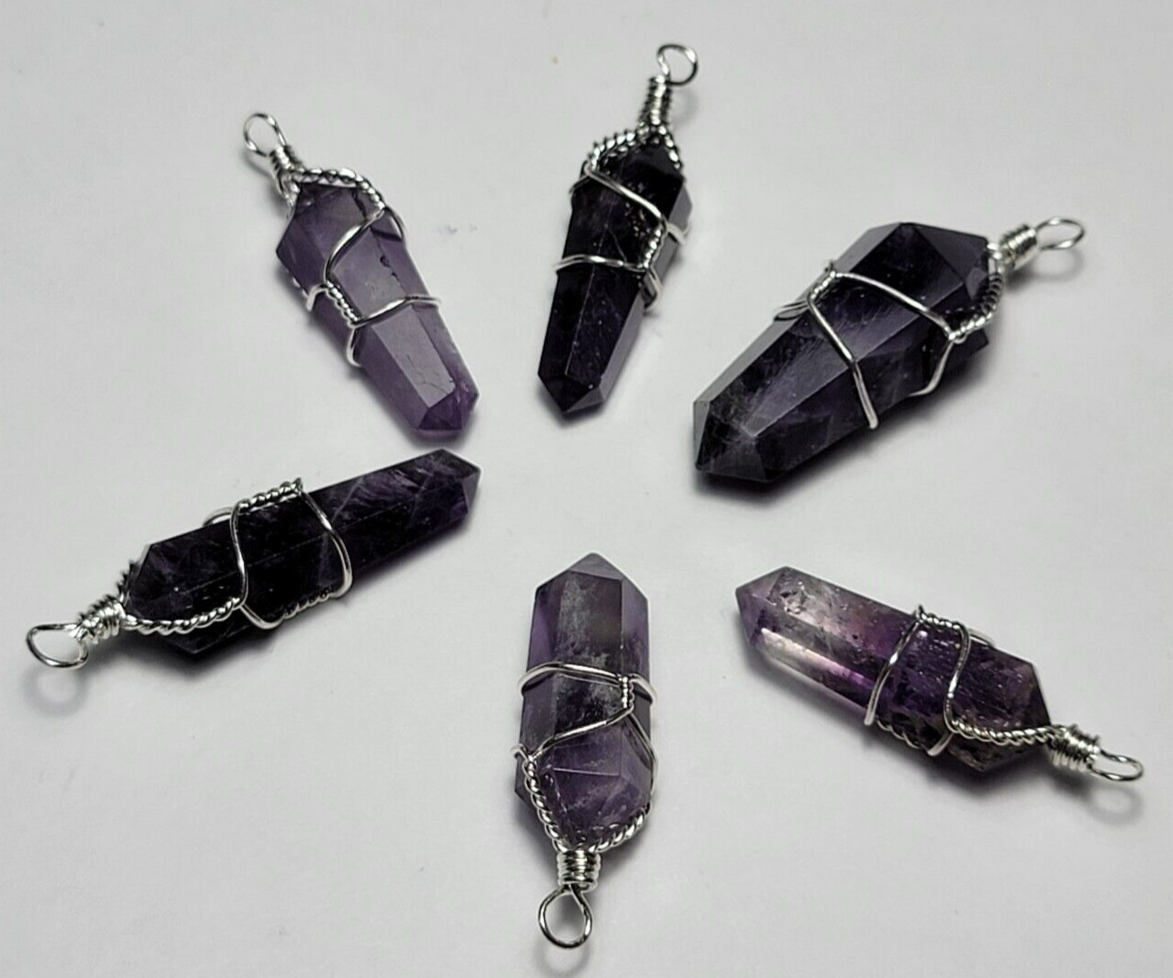 Genuine Amethyst crystal wire wrapped Pendant Lots of 6