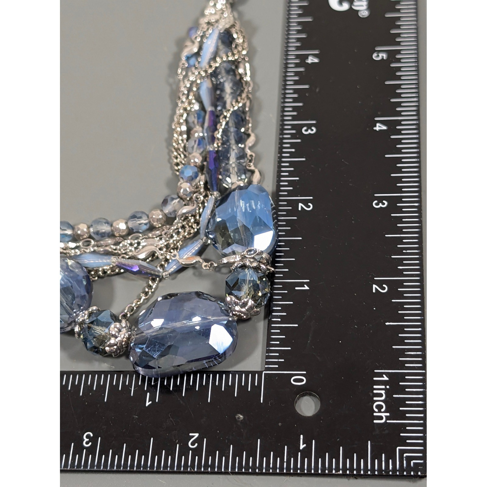 Blue Glass Bead Multi Chain Layered Statement Necklace Faux Leather 21″