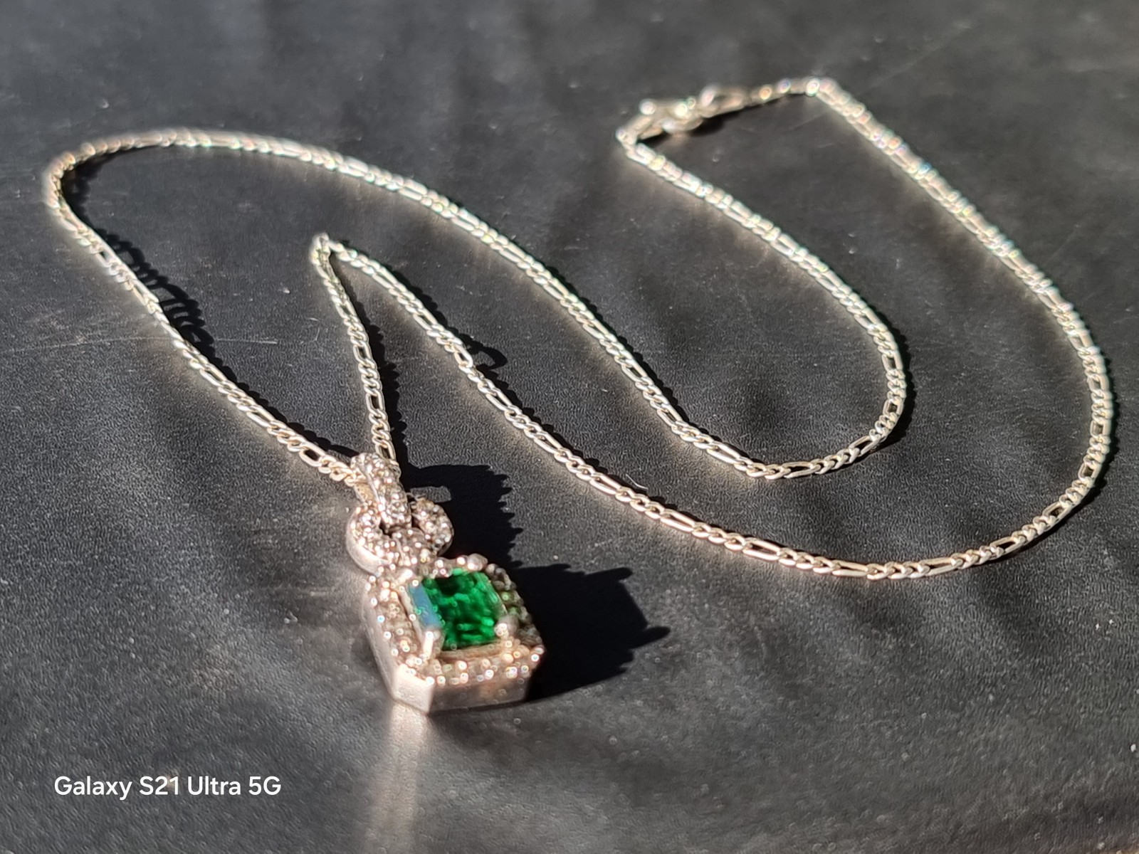 925 Sterling Silver Emerald-Cut Green CZ Halo Pendant on Figaro Chain(Genuine Si