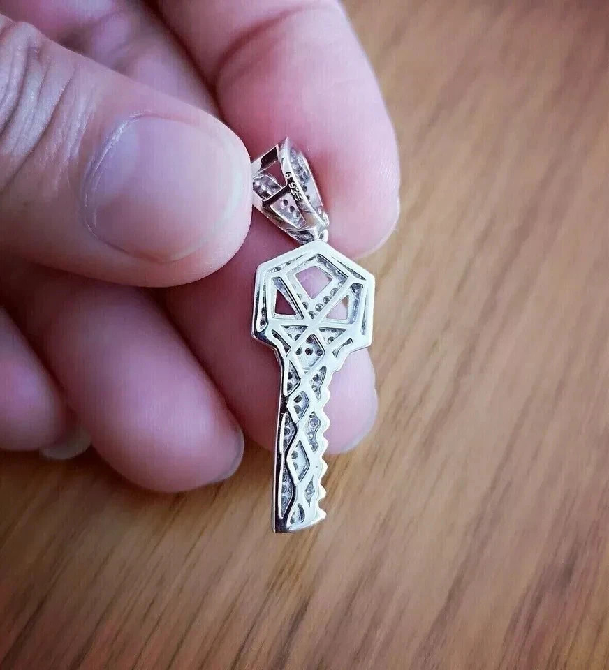 1Ct Round Cut Simulated Diamond Men’s Key Charm Pendant 14K White Gold Plated