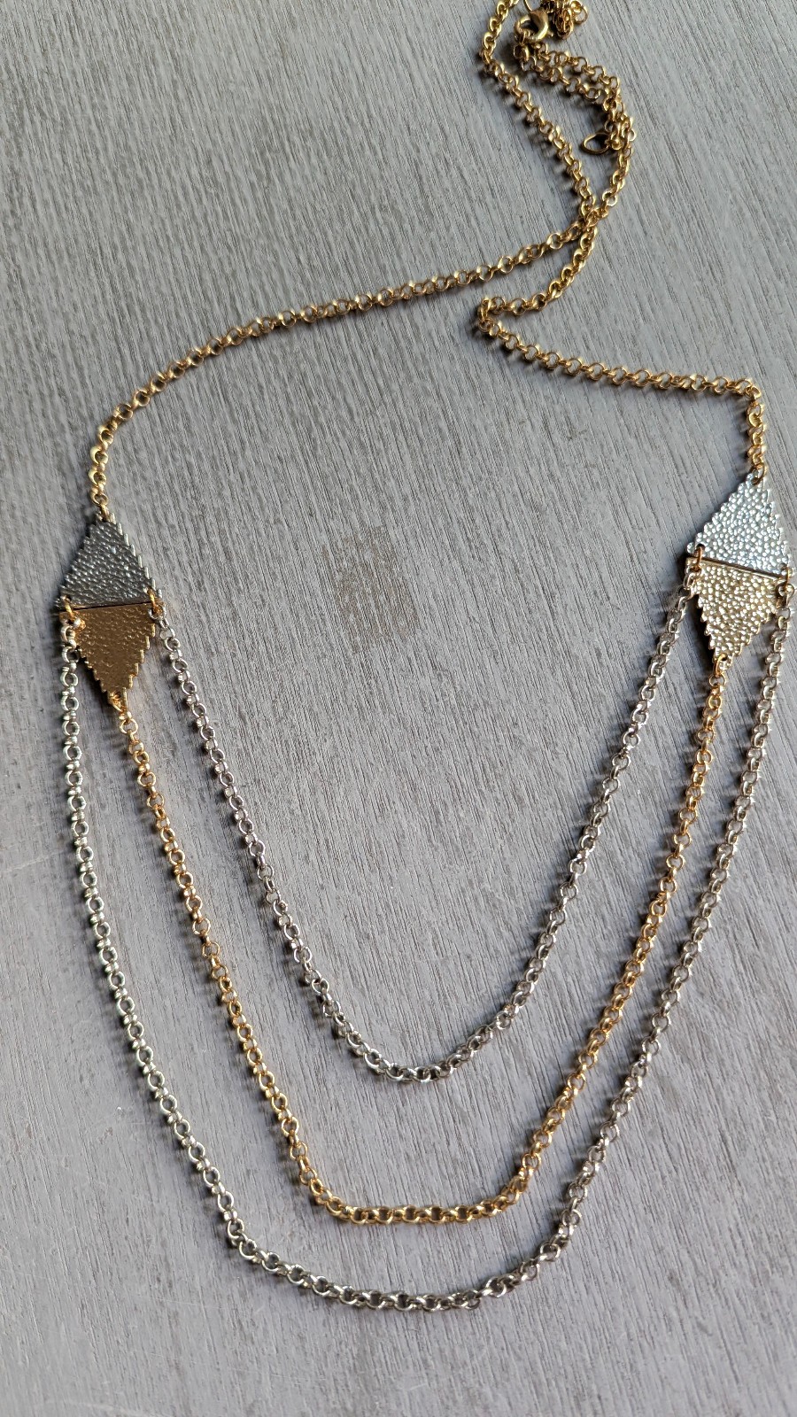 Layered Chain Necklace Three Strands, Two-Tone, Gold Silver 33″ Long Necklace