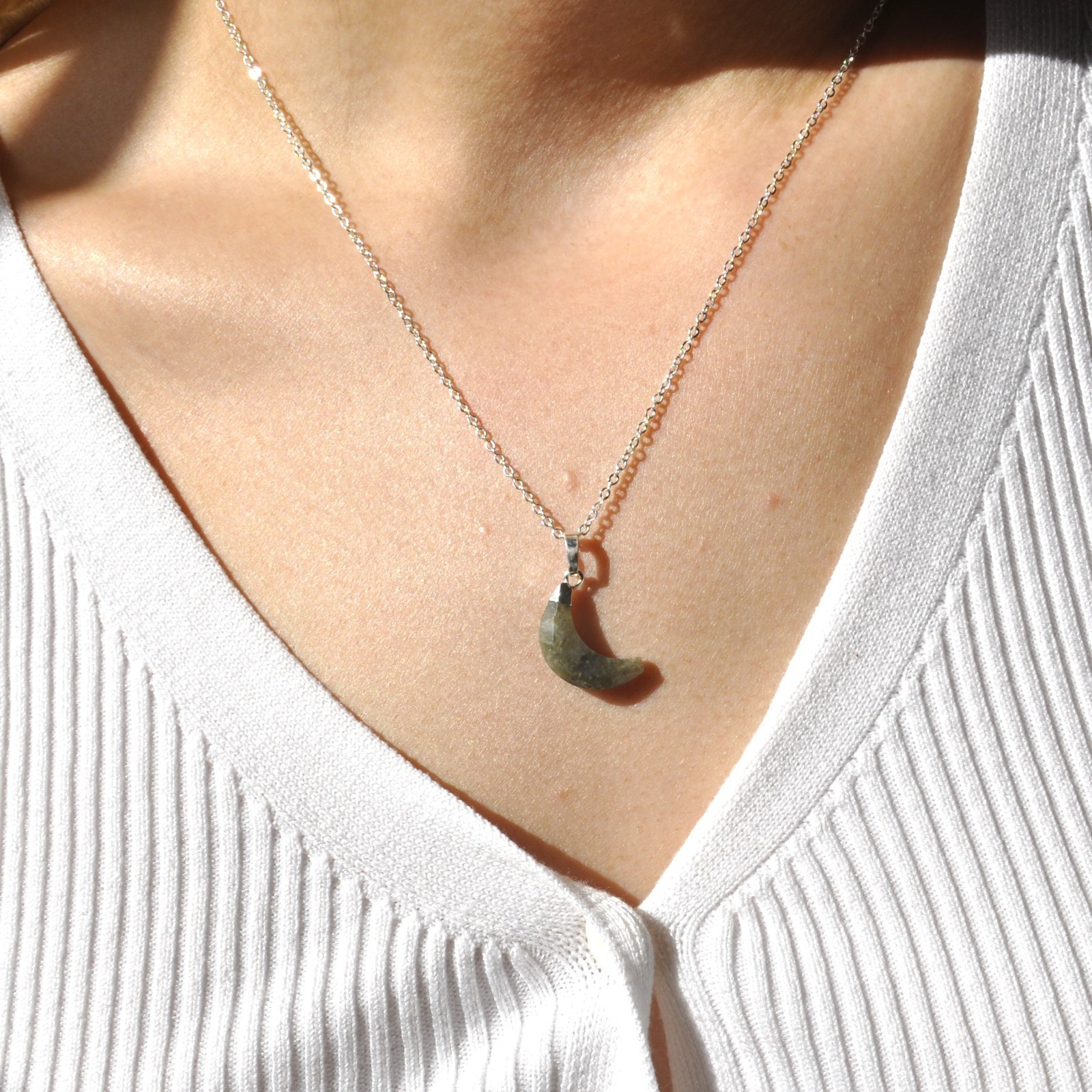 Labradorite Crystal Moon Pendant Necklace on silver plated chain 45cms brand NEW