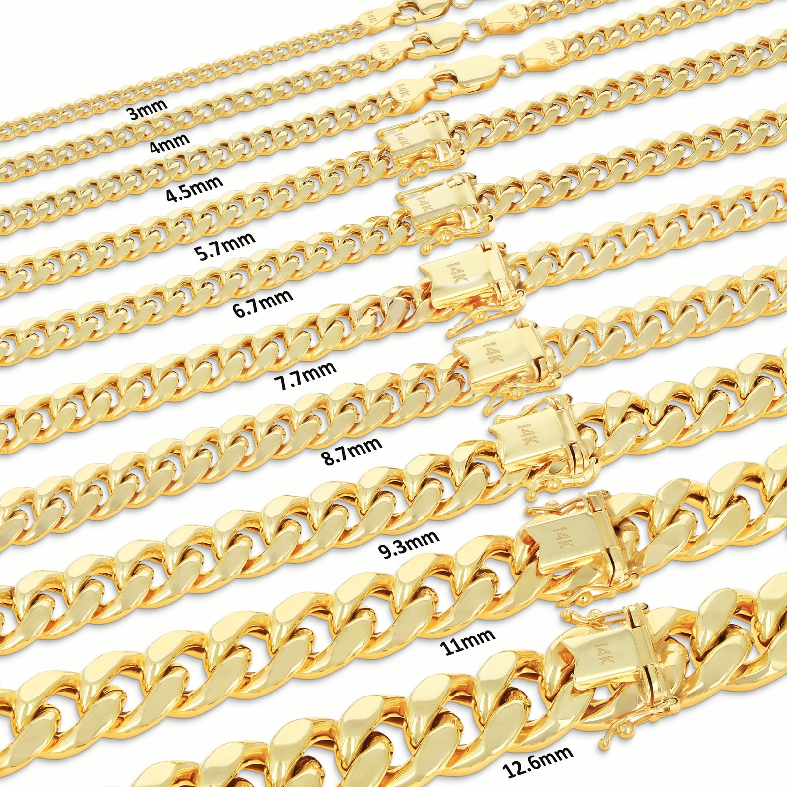14K Real Yellow Gold 3mm-12.6mm Miami Cuban Lightweight Chain Necklace Bracelet