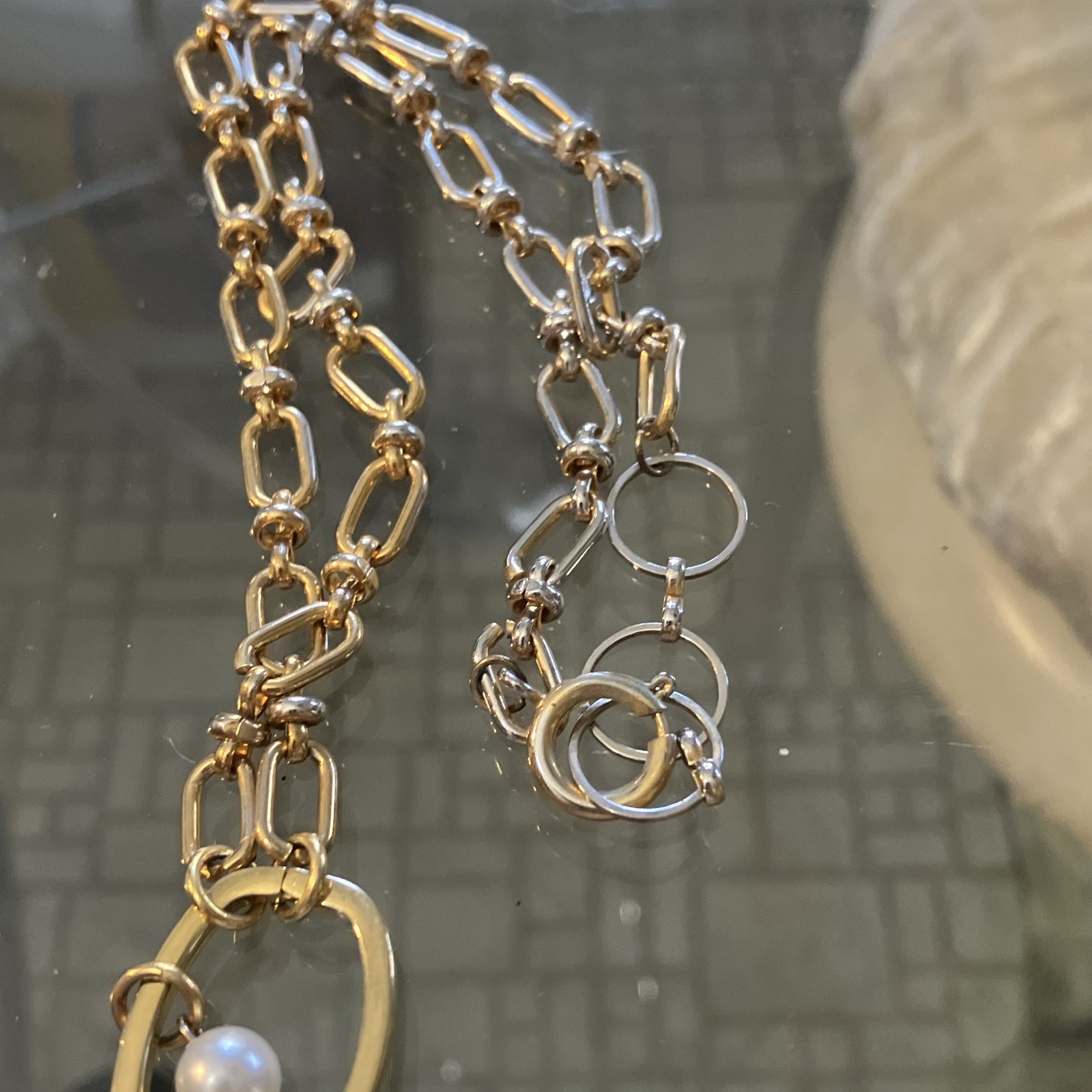 Gold Tone Link Chain Necklace Blue Heart Crystal Halo Charm Faux Pearl Toggle