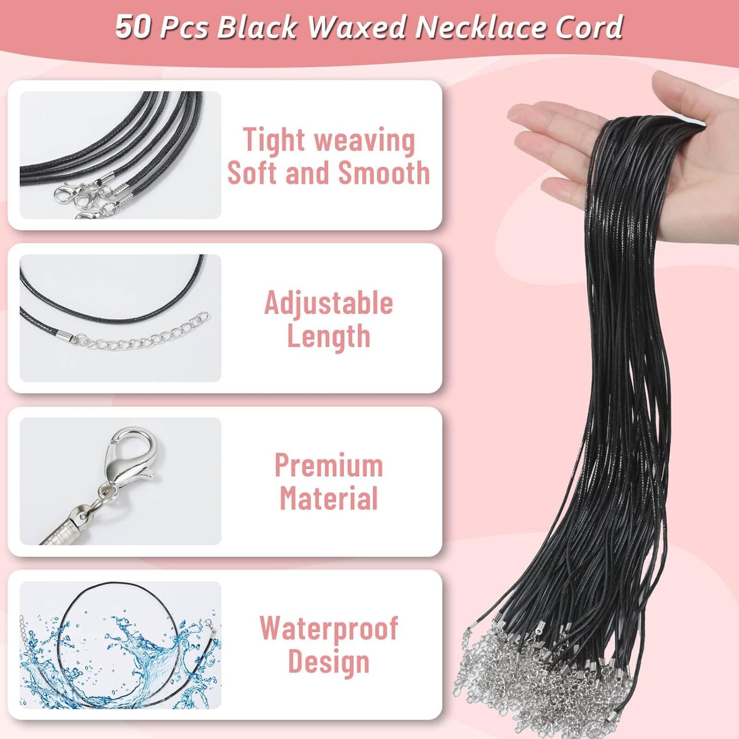 Necklace Cord, 50Pcs Black Necklace String Rope with Clasp, 24 Inch Black Waxed