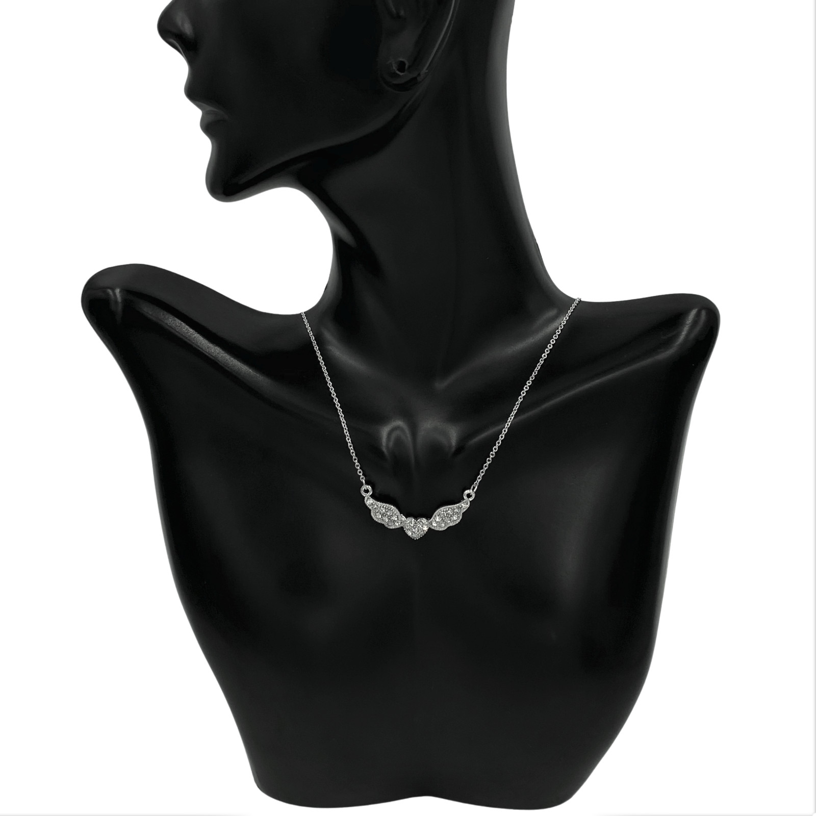 Crystal Heart and Wings Pendant Necklace White Gold