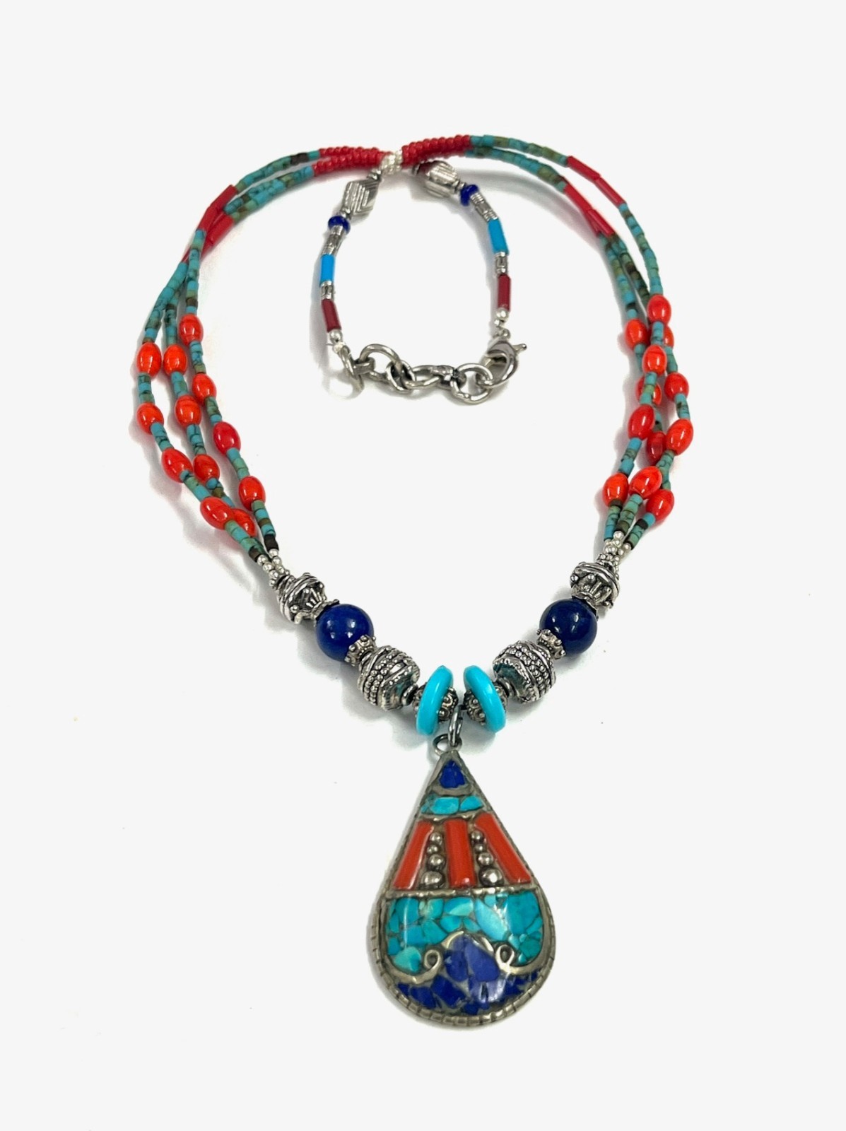Antique Coral Turquoise Gemstone Tibetan Art Deco Necklace Jewelry, 18 inch Adju