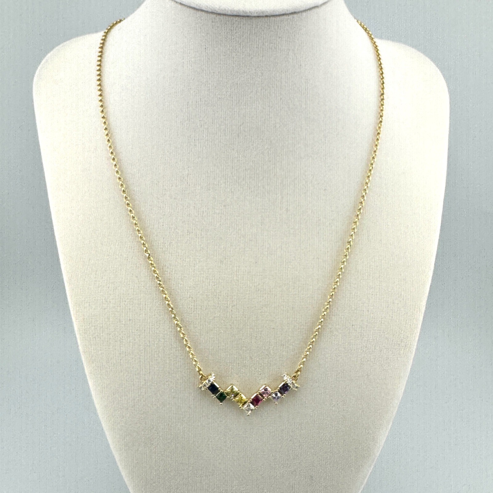 Gold Tone Rainbow Crystal Chevron Pendant Necklace Multi Color Princess Cut