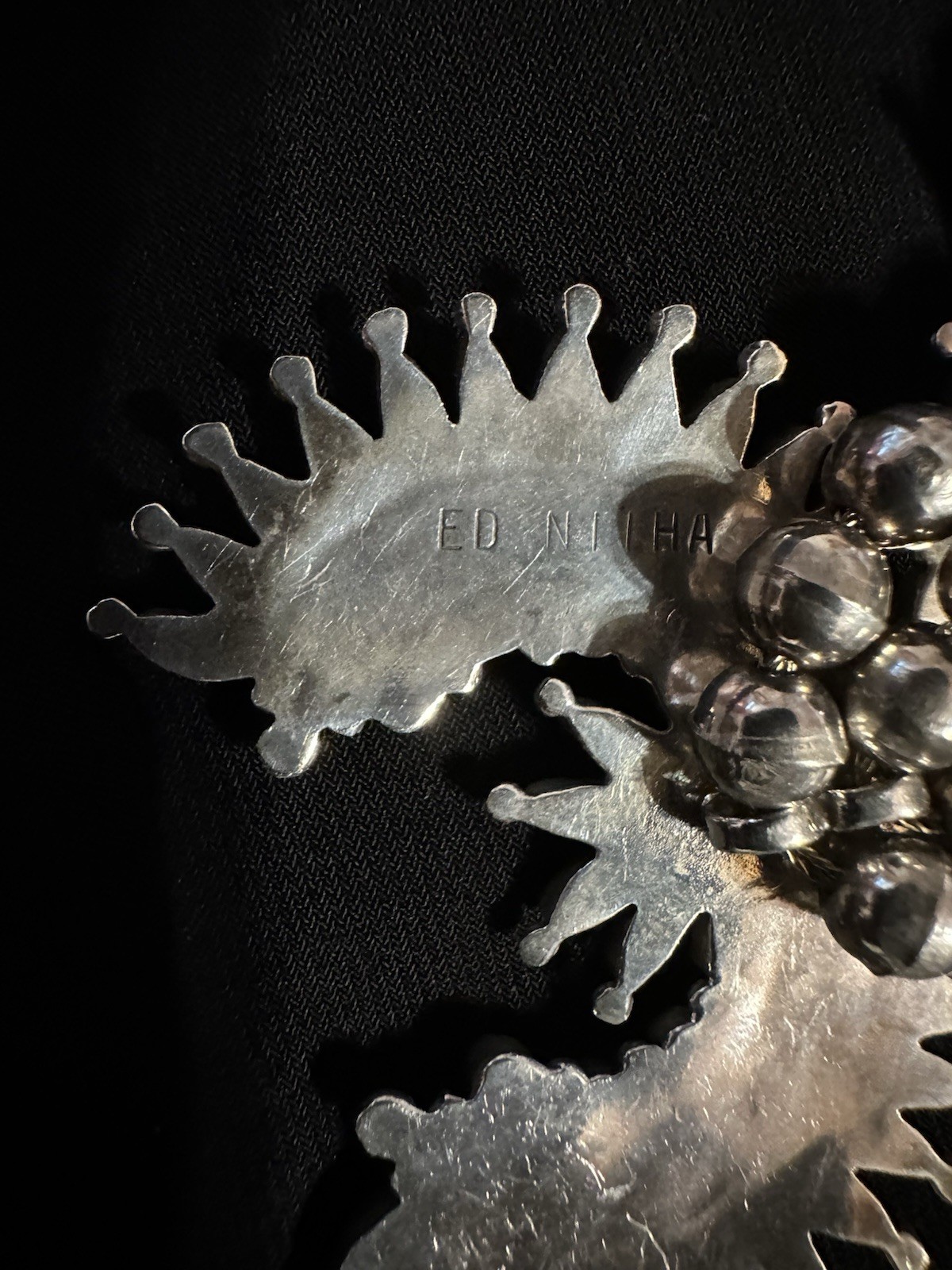 Ed Niiha Signed Sterling Silver Beaded Zuni Squash Blossom Necklace