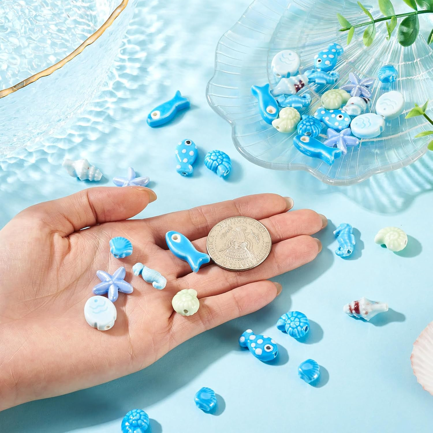36Pcs Summer Beach Theme Porcelain Beads Blue Shell Starfish Fish Sea Horse Conc