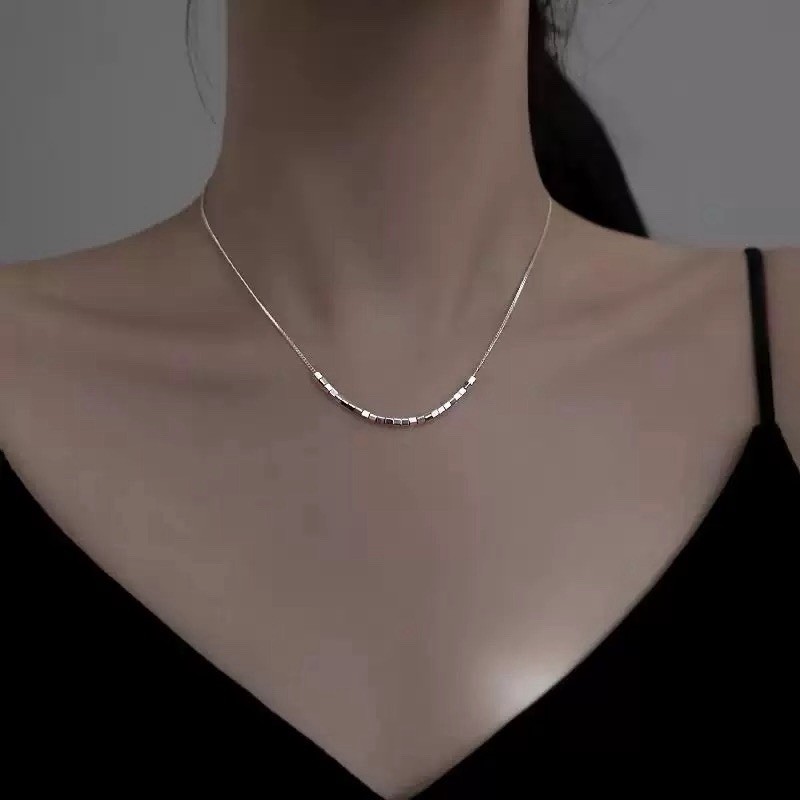 925 Silver Cube Bead Necklace Dainty Geometric Box Chain Choker Necklace 007