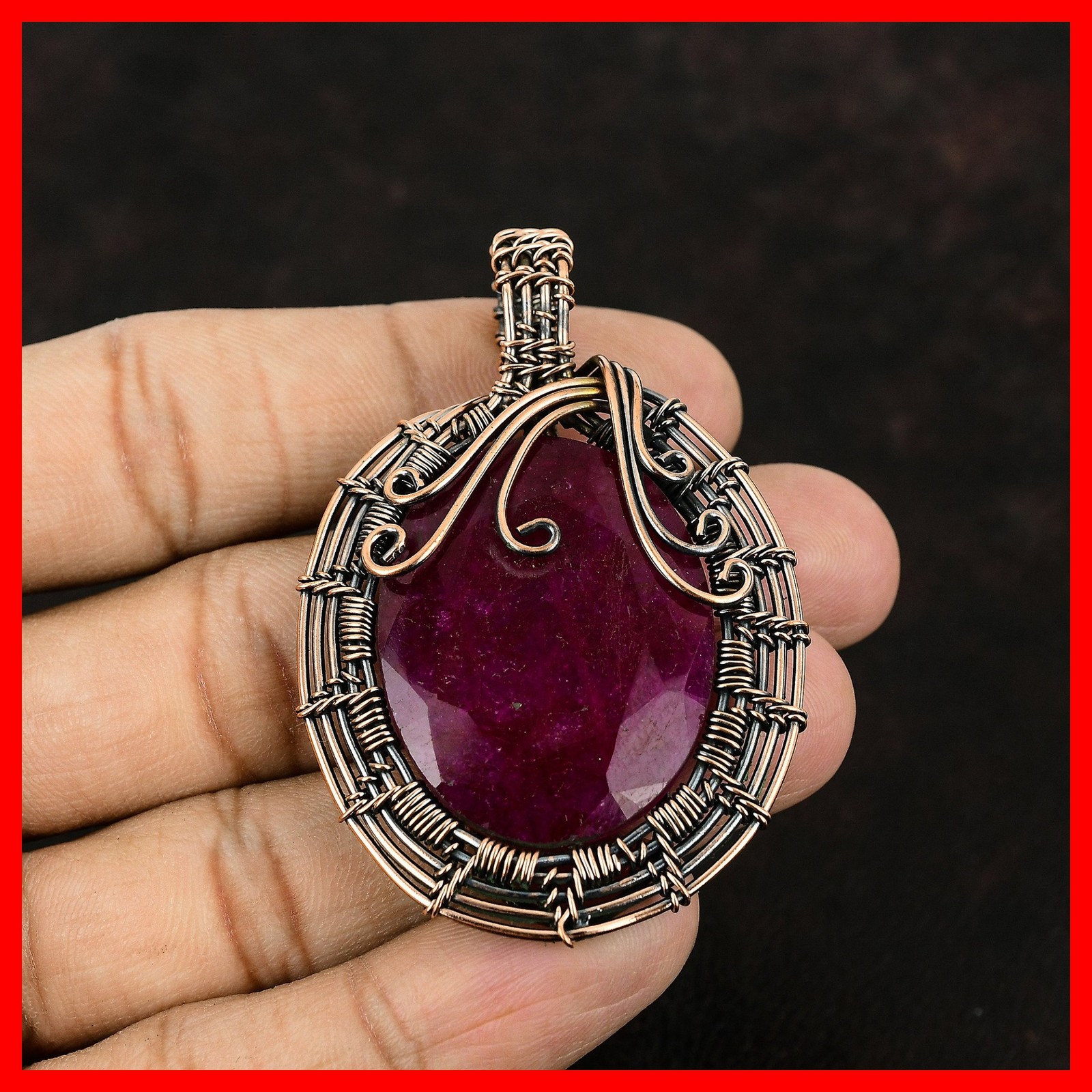 Oval Kashmir Rubi Gemstone Copper Ethnic Wire Wrapped Unique New Pendant Jewelry