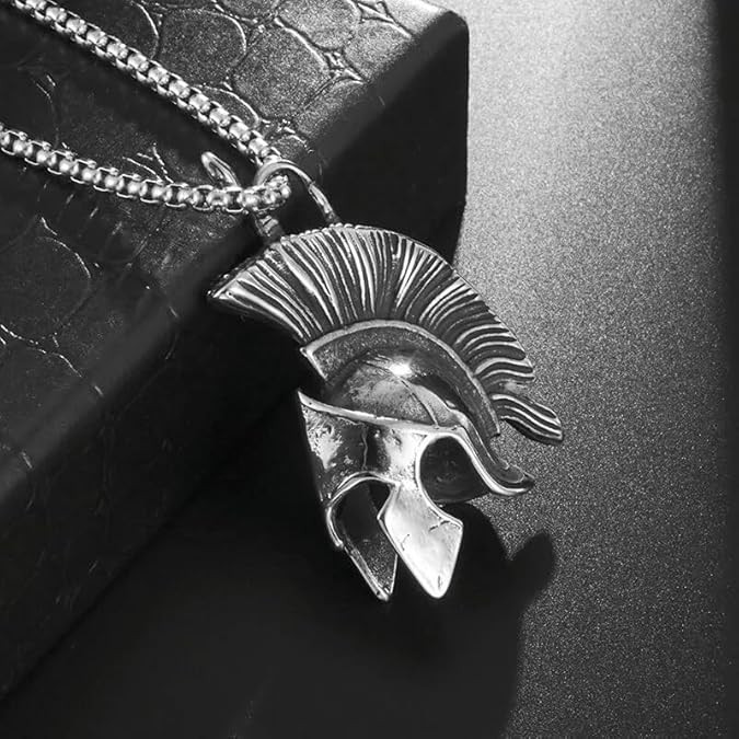 Roman Spartan Warrior Mask Helmet Jewelry Vintage Silvery Pendant Necklace