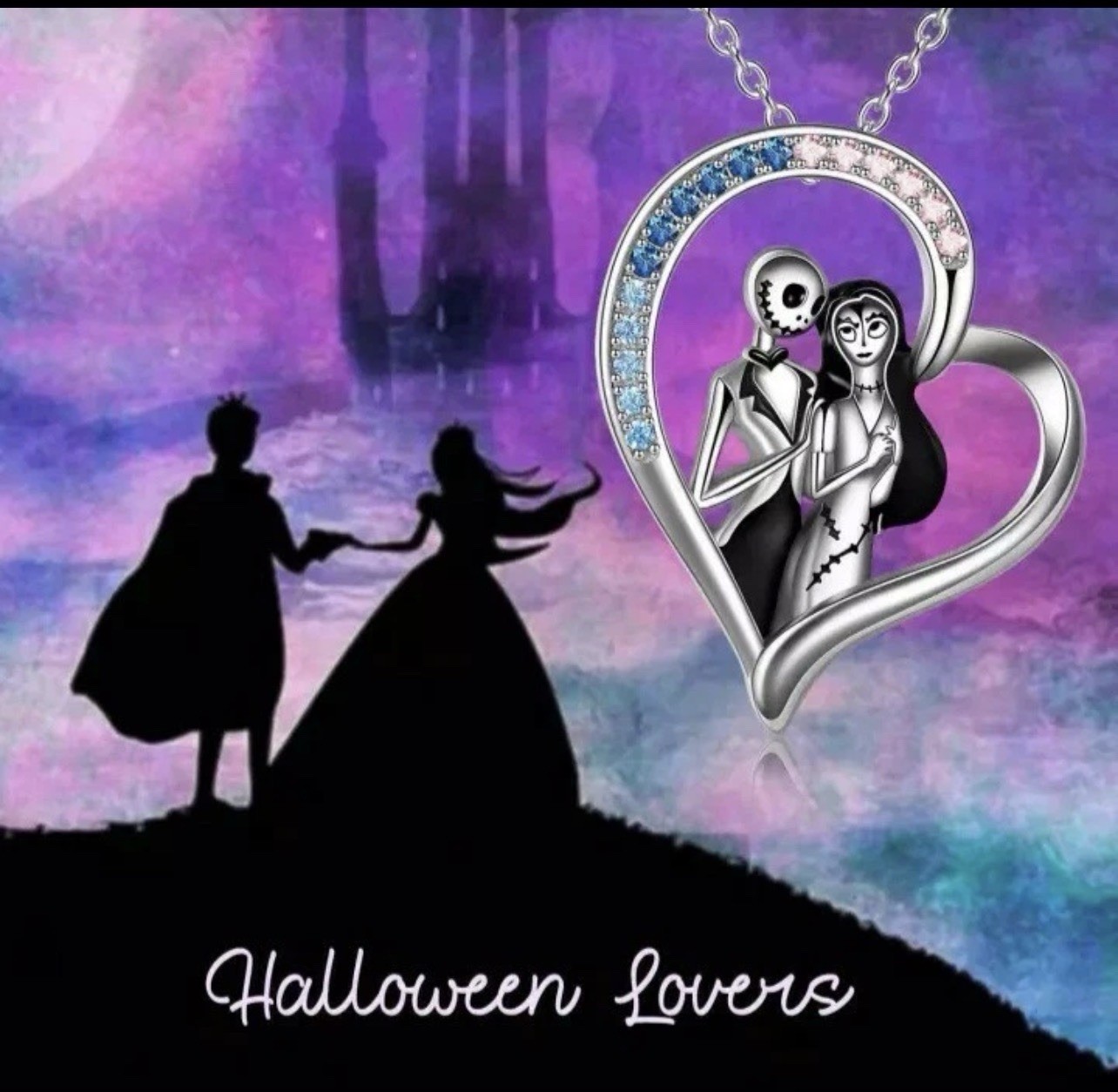 NIGHTMARE BEFORE CHRISTMAS HALLOWEEN JACK AND SALLY HEART RHINESTONE NECKLACE.